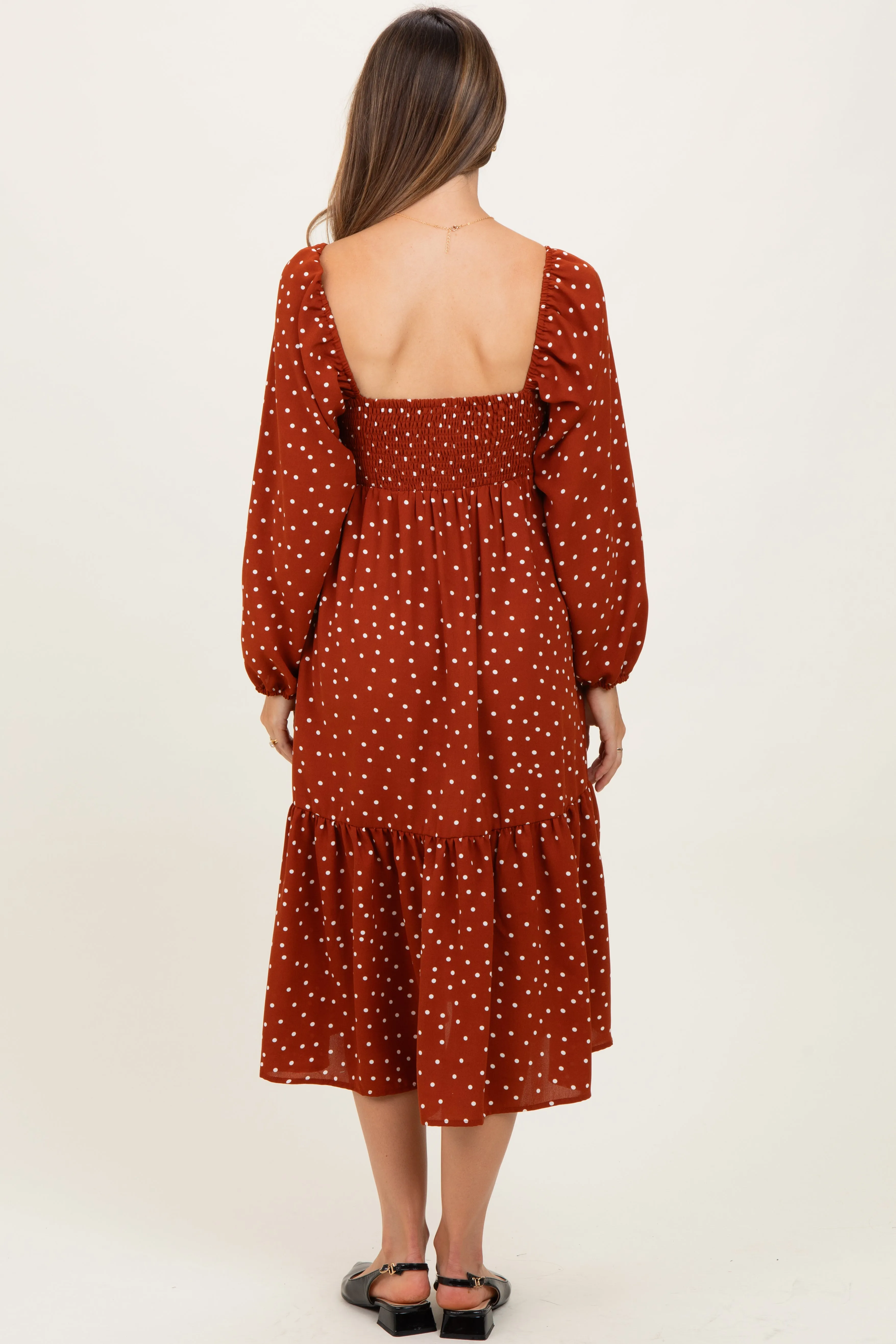Rust Polka Dots Sweetheart Neck Maternity Midi Dress sold by Pinkblush product image thumbnail 4