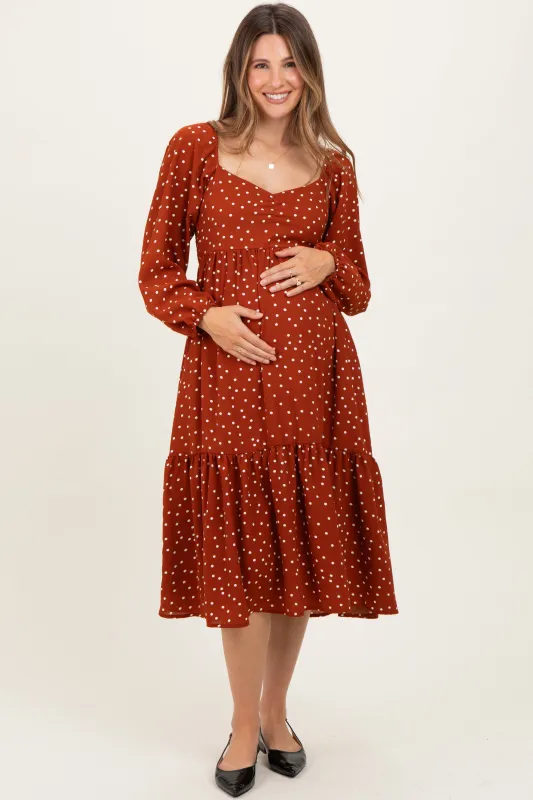 Rust Polka Dots Sweetheart Neck Maternity Midi Dress sold by Pinkblush