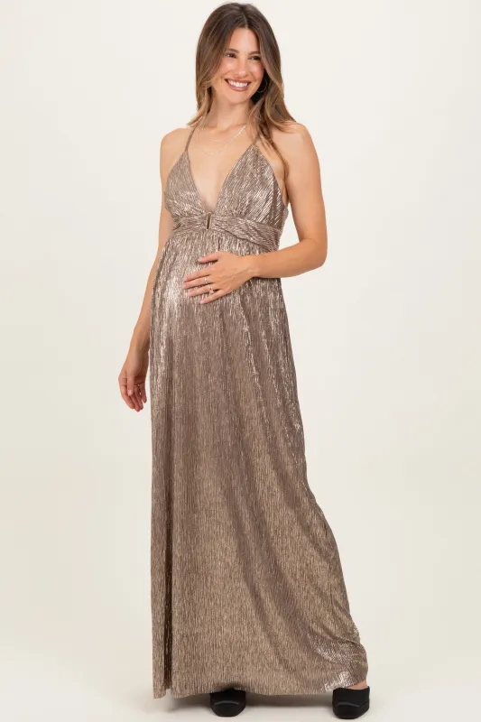 Mocha Gold Gold Foiled Plunging Maternity Maxi Dress sold by Pinkblush