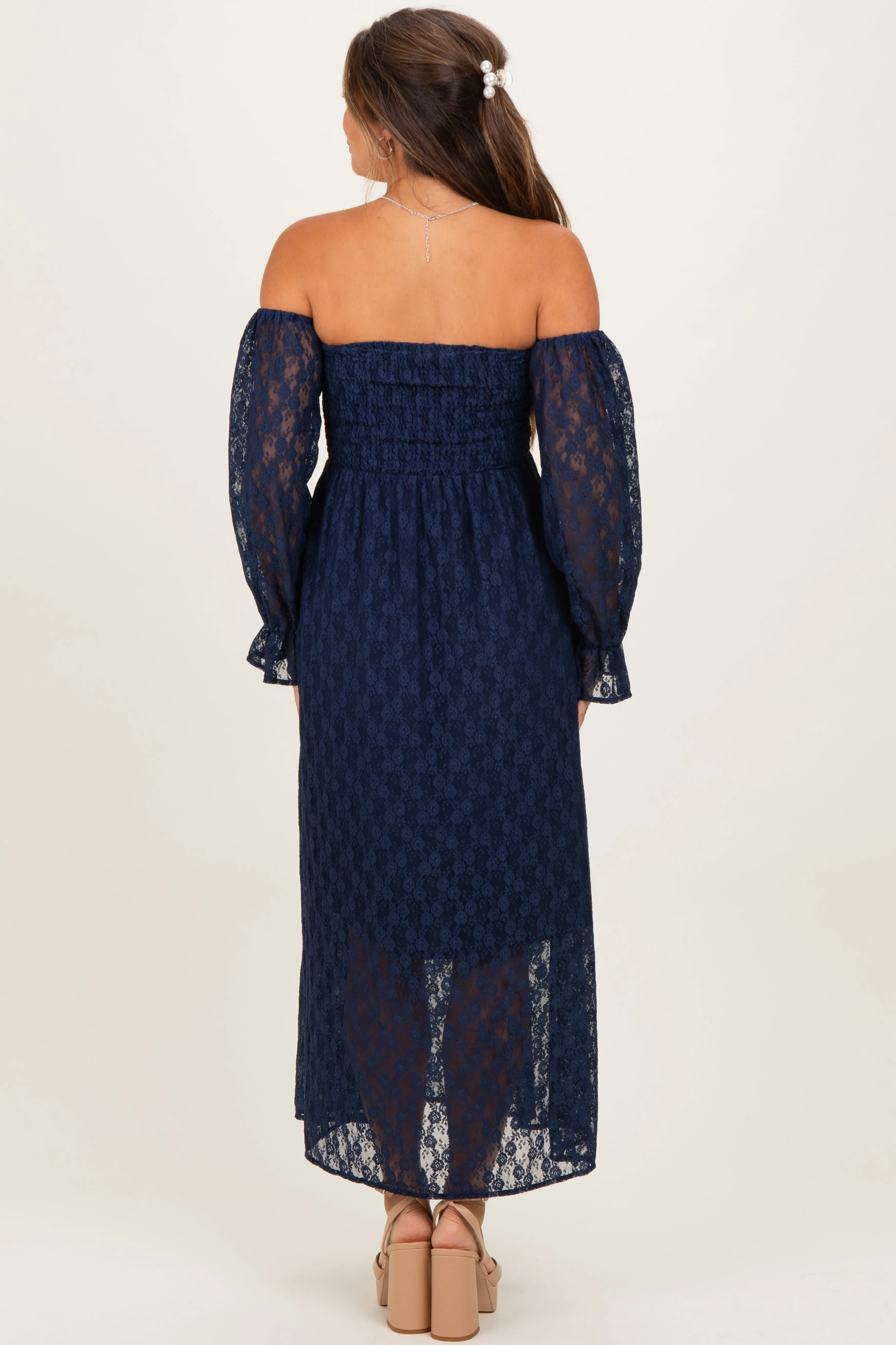 Navy Lace Overlay Smocked Maternity Maxi Dress sold by Pinkblush product image thumbnail 3
