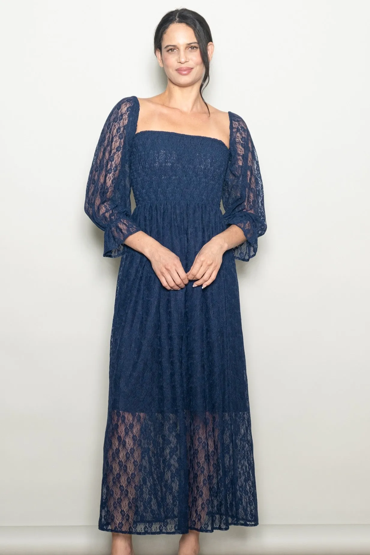 Navy Lace Overlay Smocked Maternity Maxi Dress sold by Pinkblush product image thumbnail 4