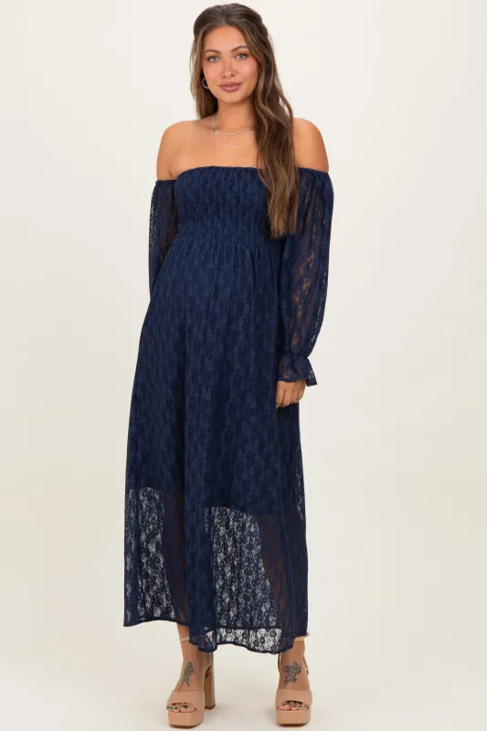 Navy Lace Overlay Smocked Maternity Maxi Dress sold by Pinkblush