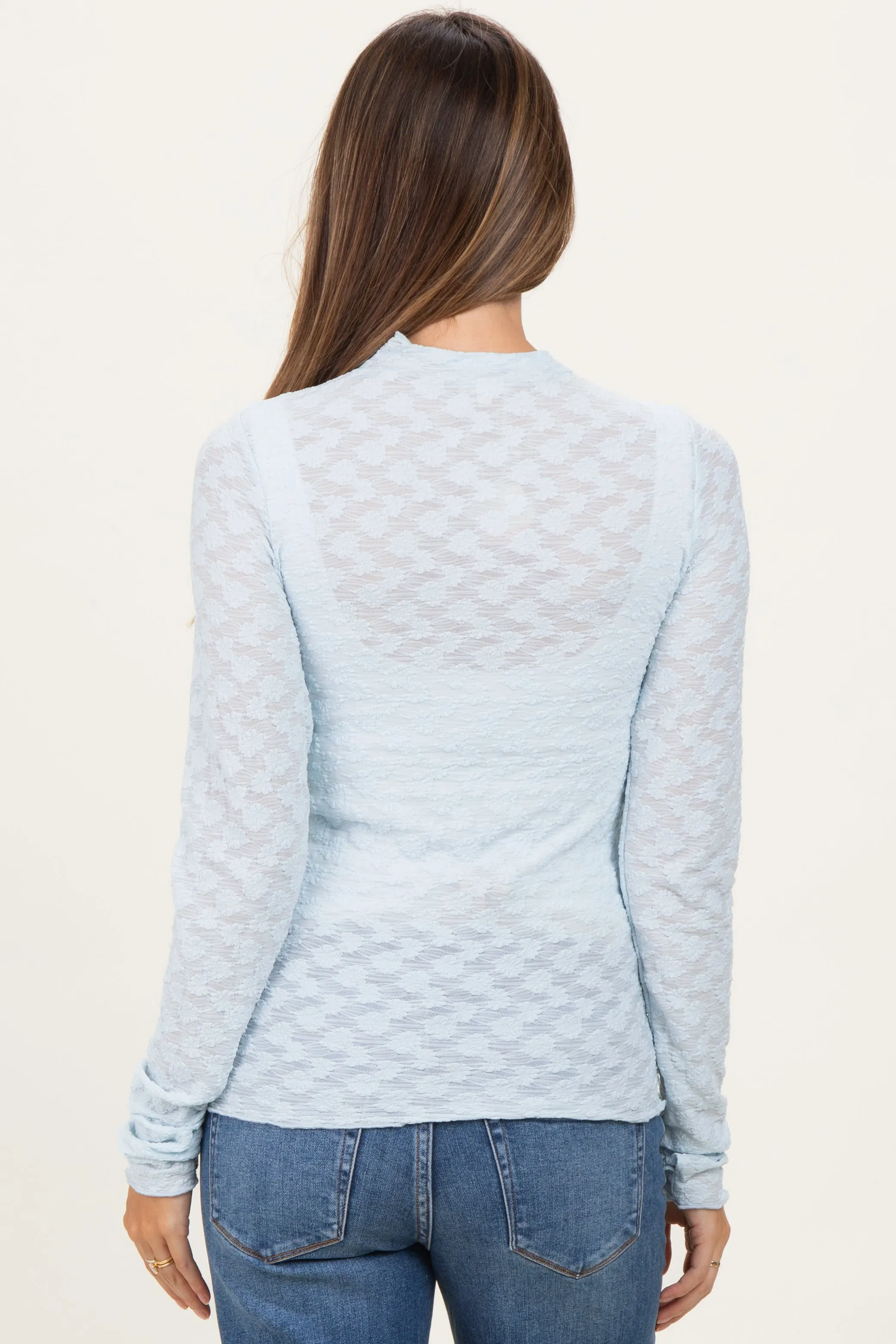 Light Blue Thumbhole Sleeves Mock Neck Lace Maternity Top sold by Pinkblush product image thumbnail 4