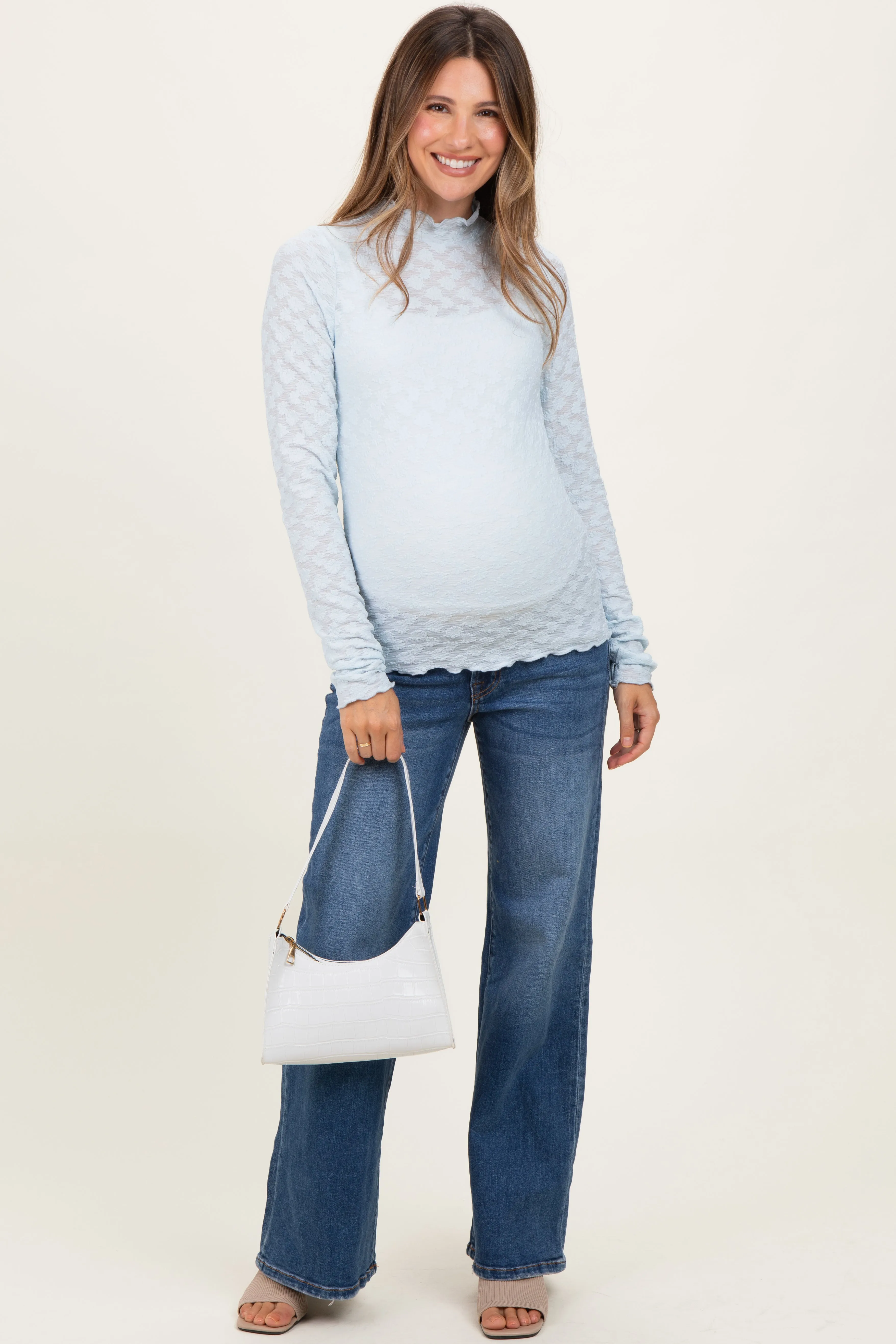 Light Blue Thumbhole Sleeves Mock Neck Lace Maternity Top sold by Pinkblush product image thumbnail 2