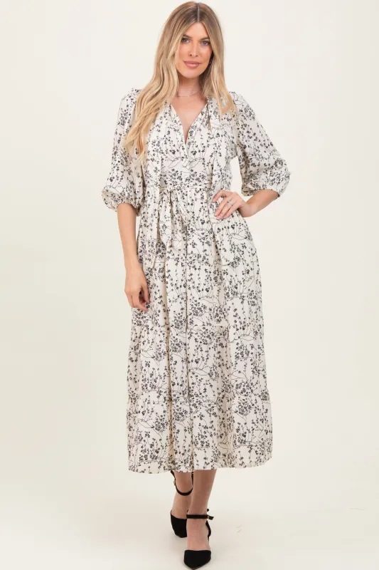 Cream Floral Neck Tie Midi Dress sold by Pinkblush