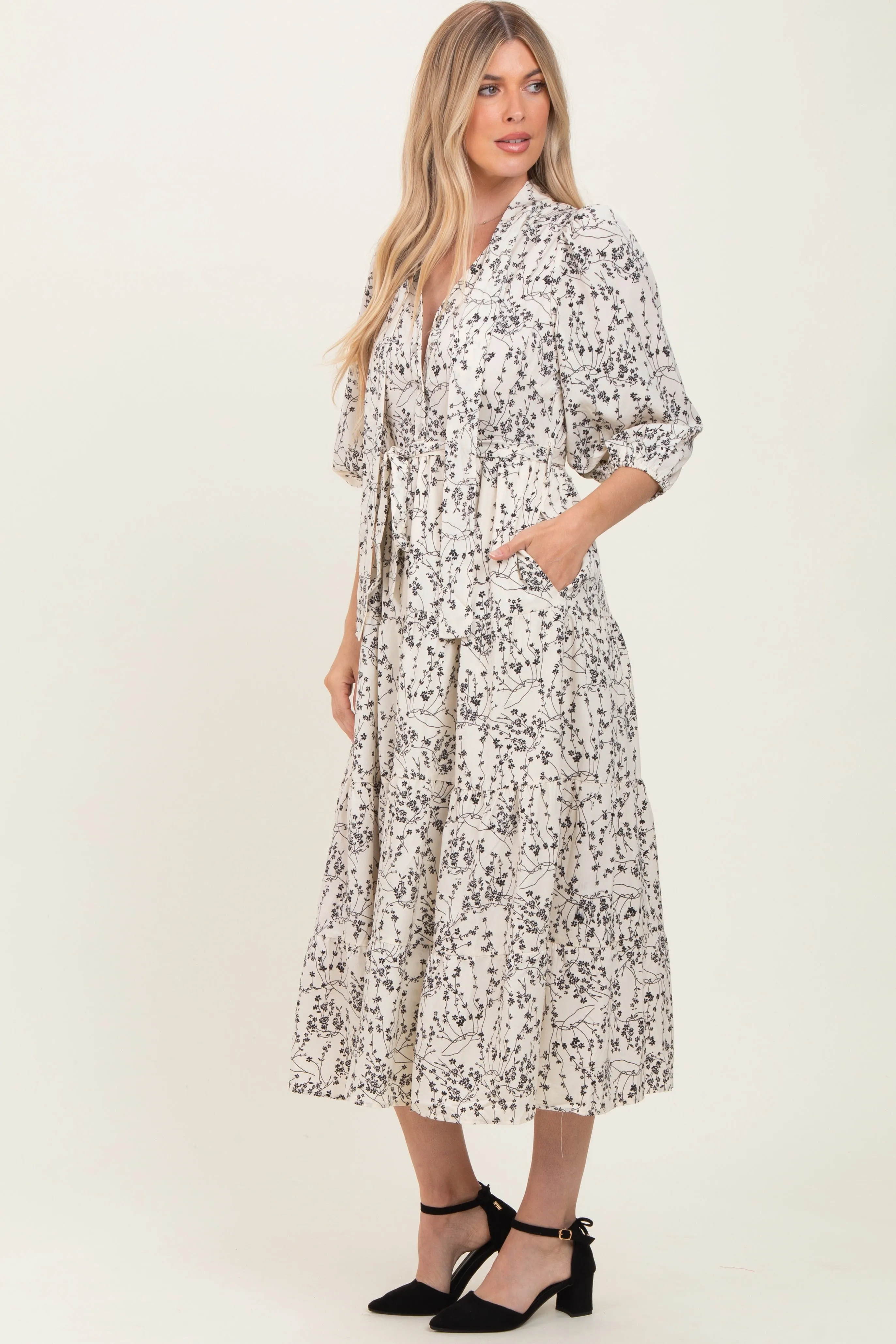 Cream Floral Neck Tie Midi Dress sold by Pinkblush product image thumbnail 2