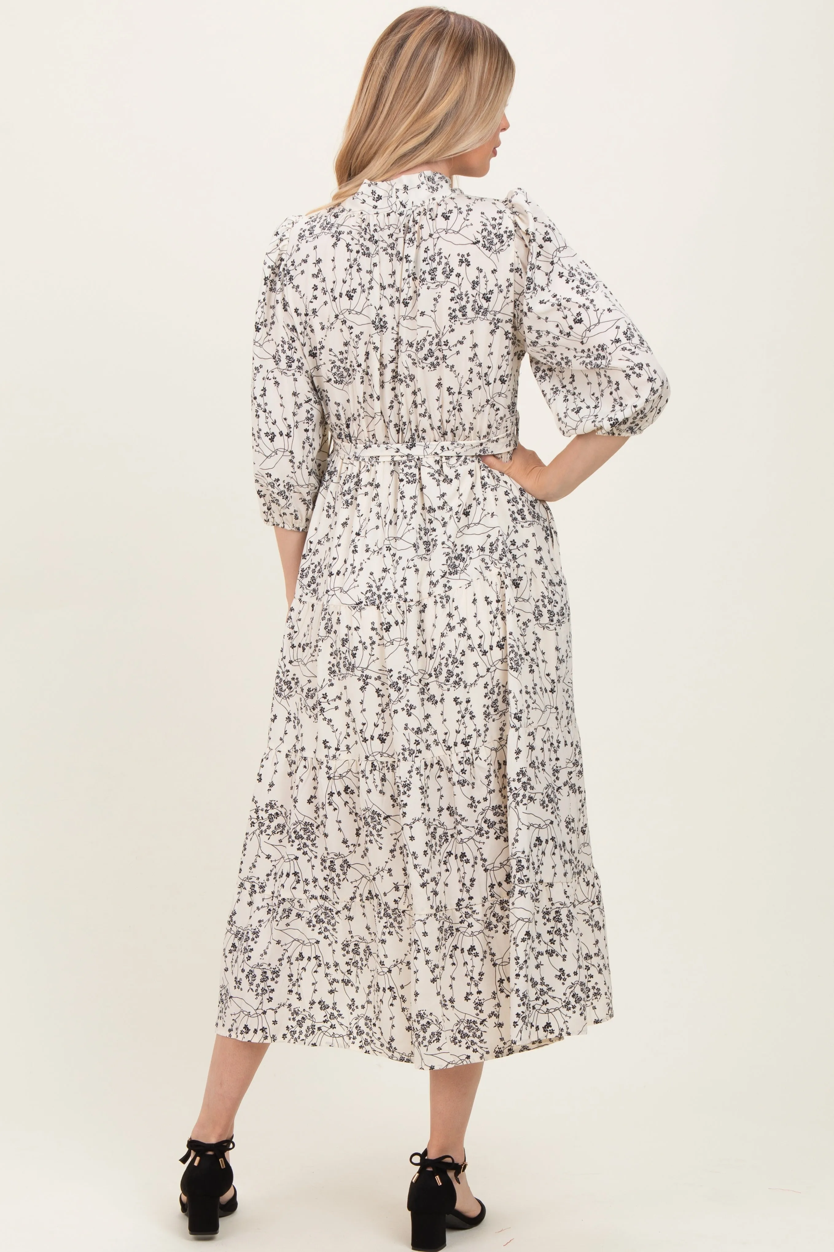 Cream Floral Neck Tie Midi Dress sold by Pinkblush product image thumbnail 3