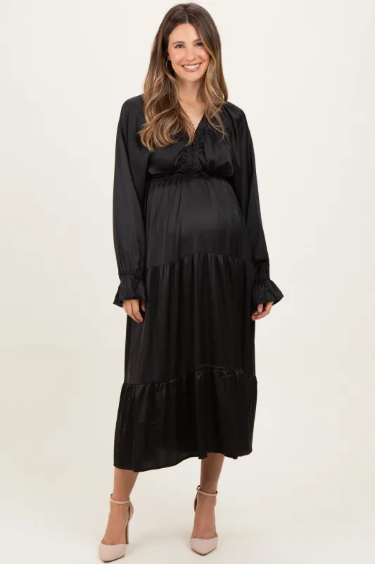 Black Solid V-Neck Satin Long Sleeve Maternity Maxi Dress sold by Pinkblush