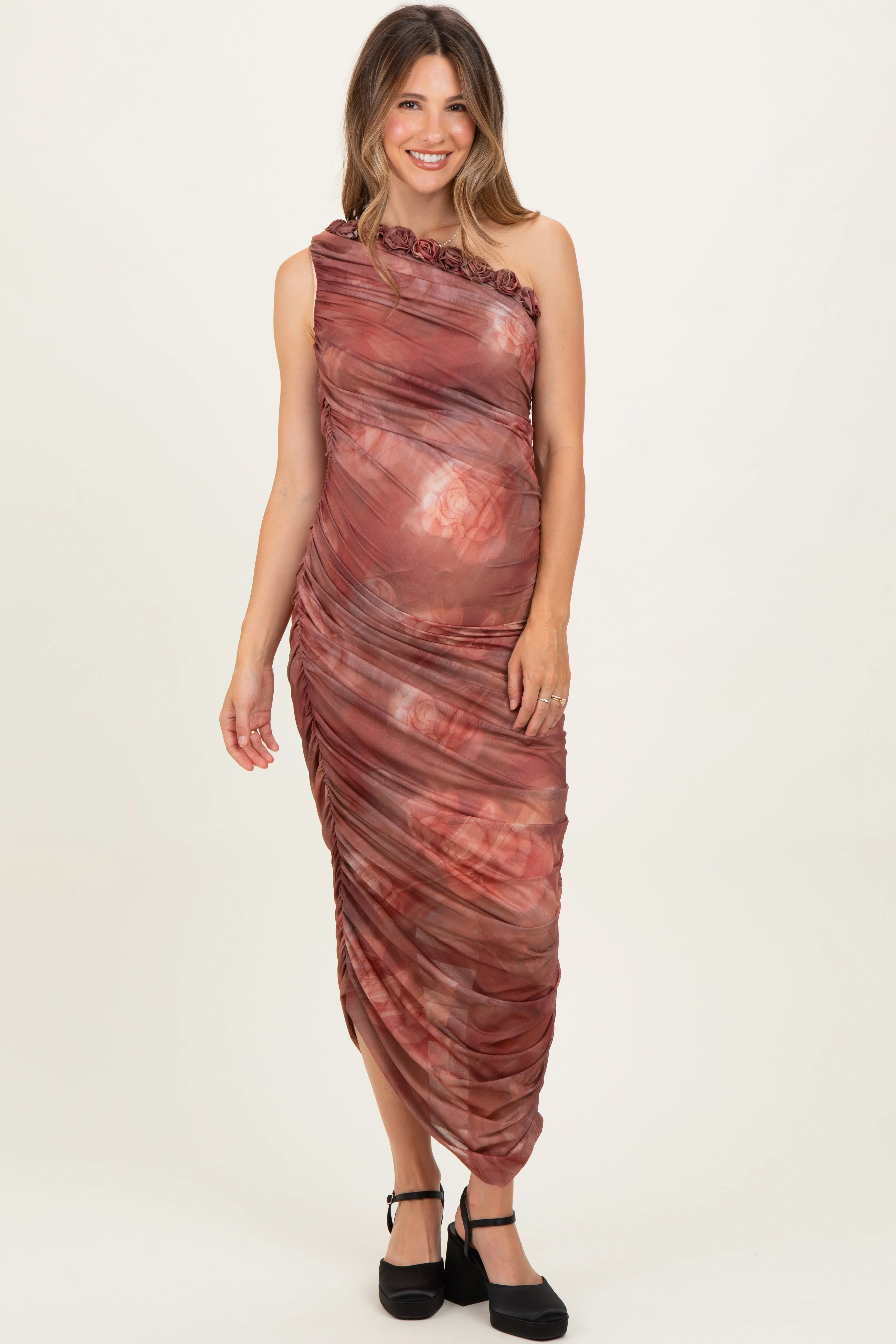 Rust Floral Ruched Rosette One-Shoulder Maternity Midi Dress sold by Pinkblush product image thumbnail 2