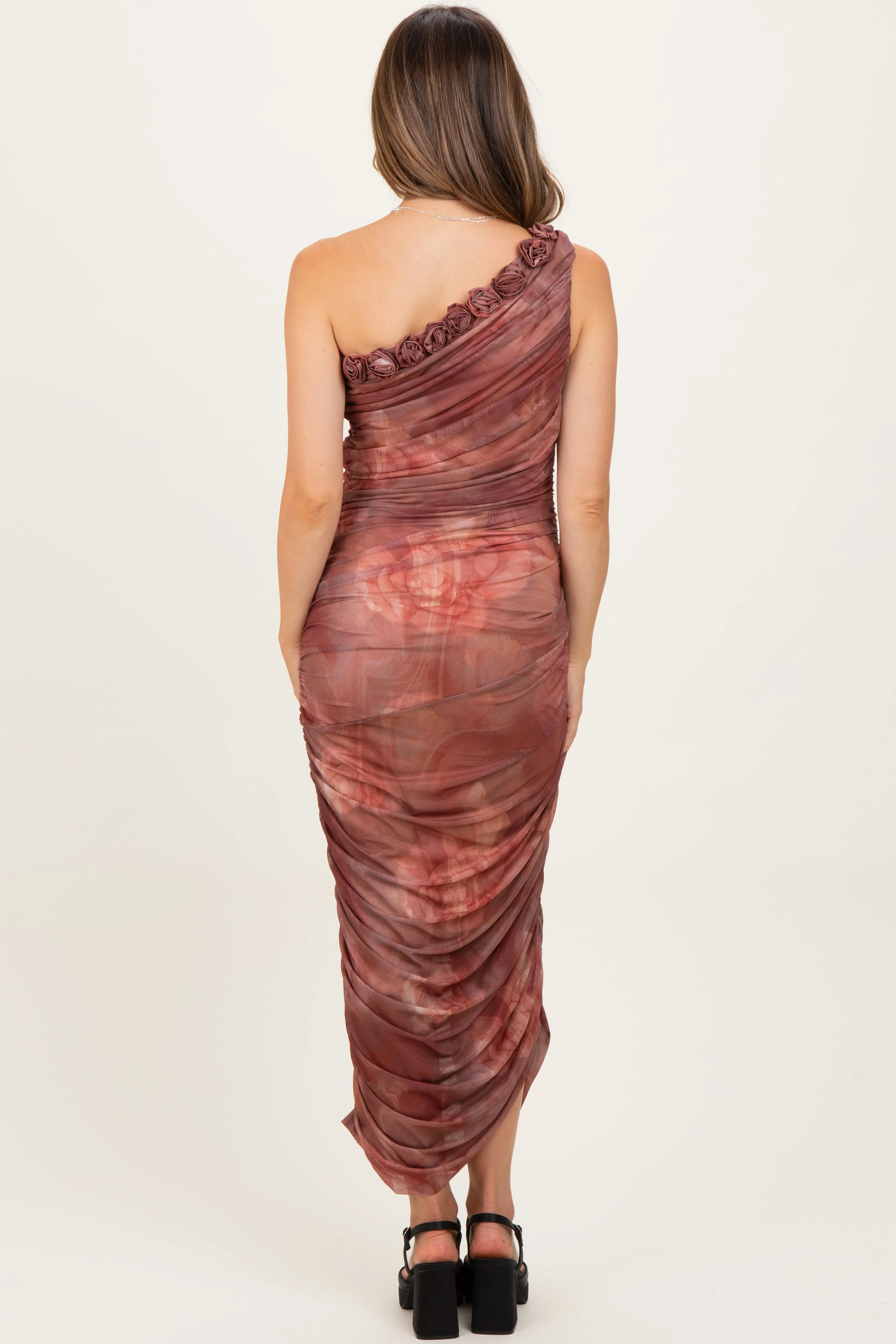 Rust Floral Ruched Rosette One-Shoulder Maternity Midi Dress sold by Pinkblush product image thumbnail 4
