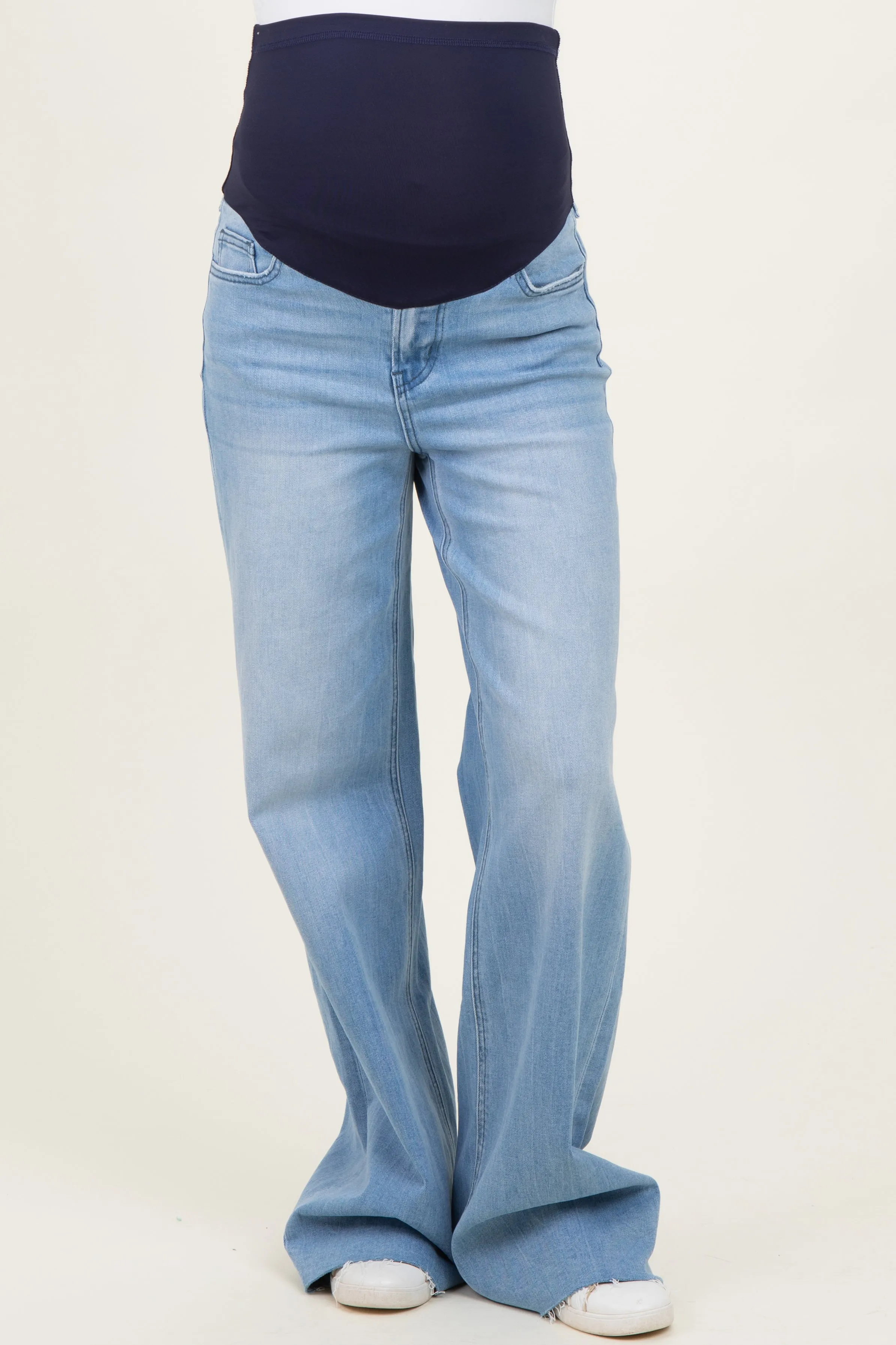 Light Wash Super High Rise Clean Cut Raw Hem Wide Leg Maternity Jeans sold by Pinkblush product image thumbnail 2