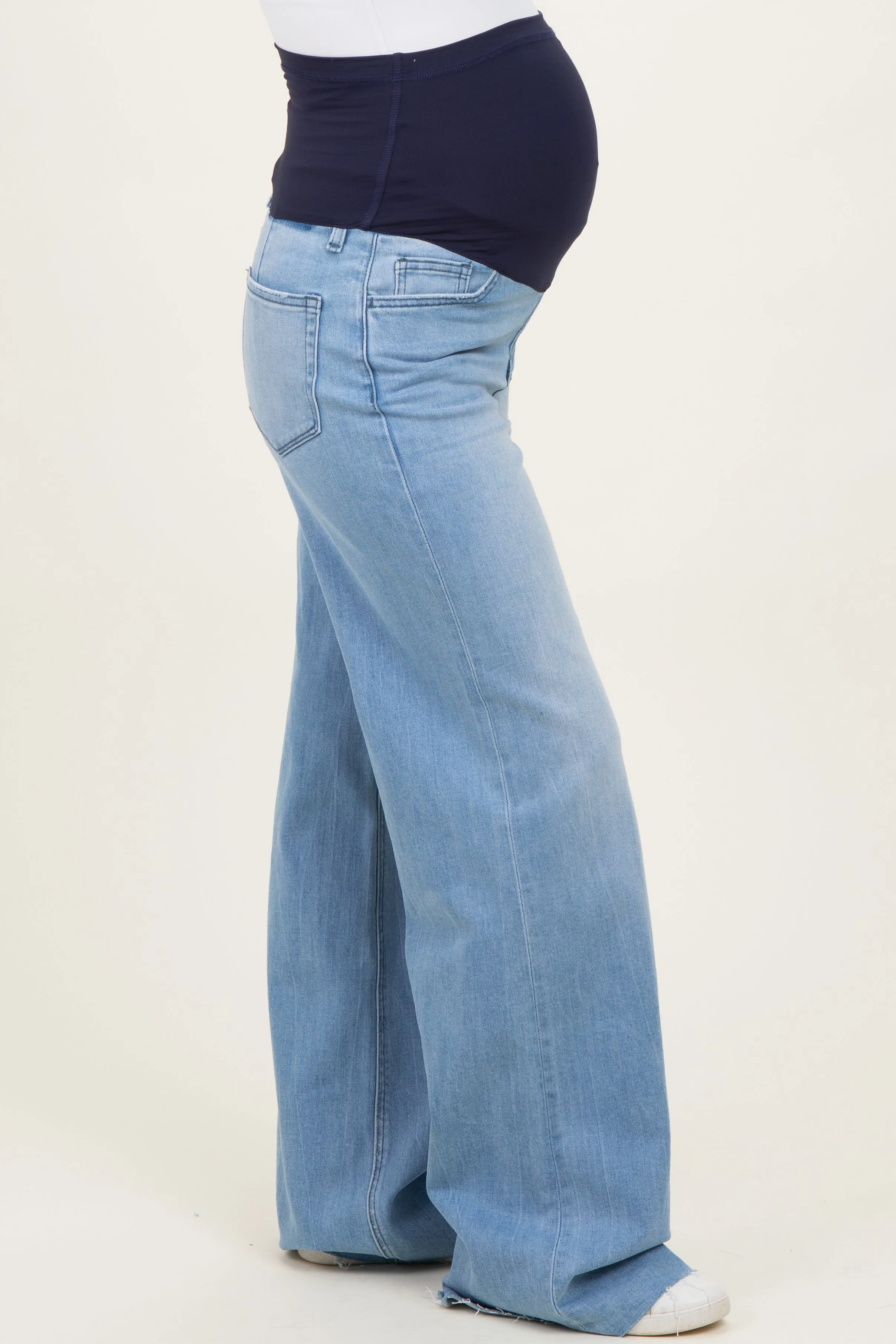 Light Wash Super High Rise Clean Cut Raw Hem Wide Leg Maternity Jeans sold by Pinkblush product image thumbnail 3