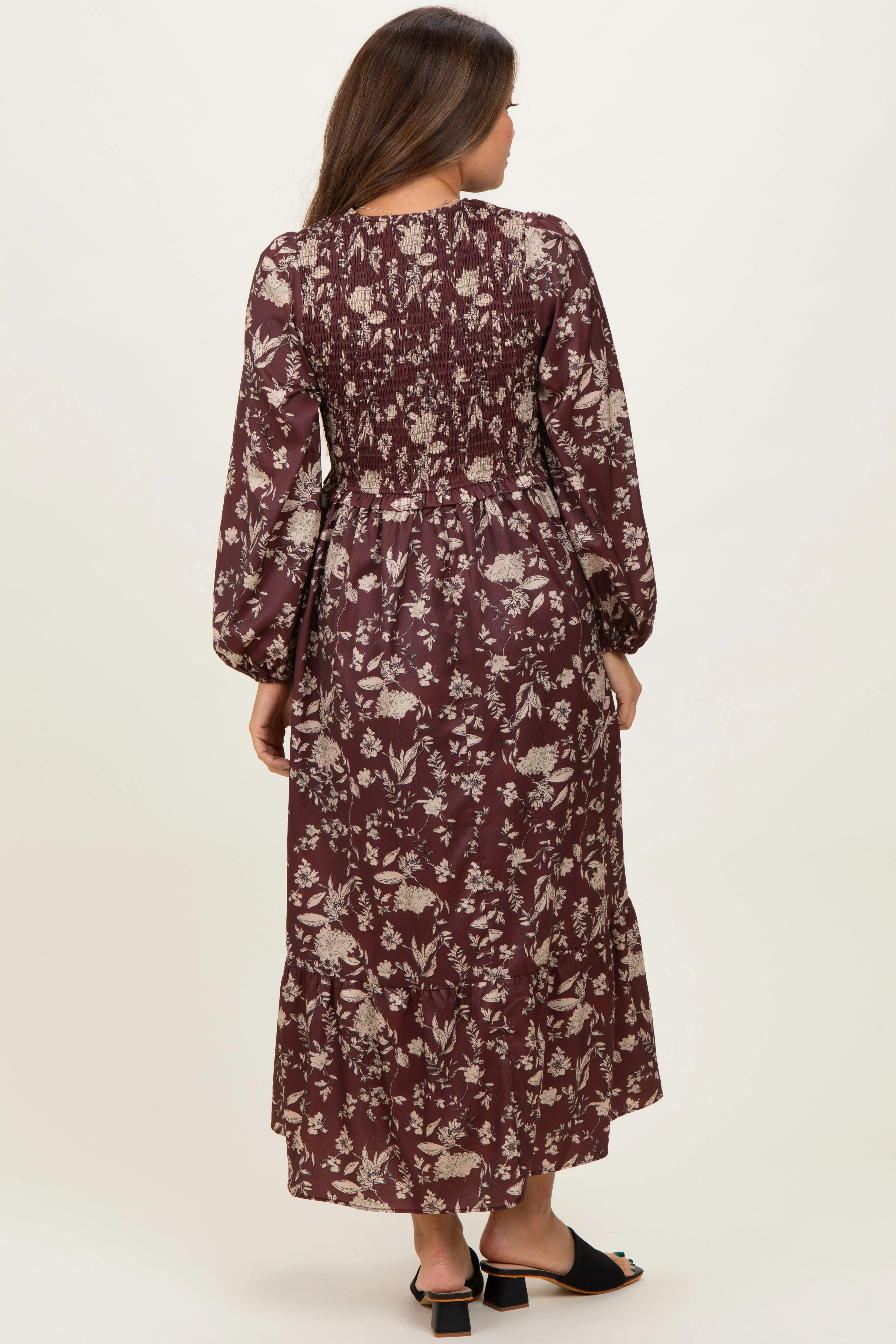 Brown Floral Smocked Long Sleeve Maternity Midi Dress sold by Pinkblush product image thumbnail 3