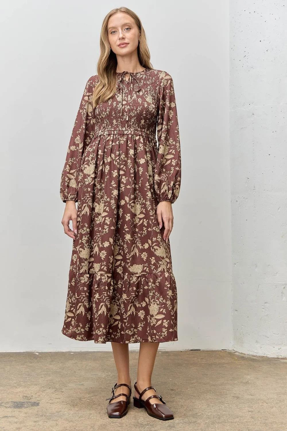 Brown Floral Smocked Long Sleeve Maternity Midi Dress sold by Pinkblush product image thumbnail 4