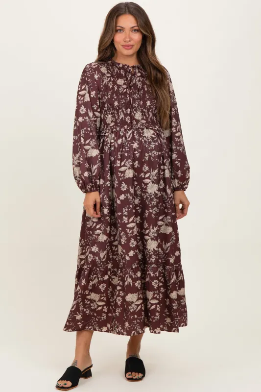 Brown Floral Smocked Long Sleeve Maternity Midi Dress sold by Pinkblush