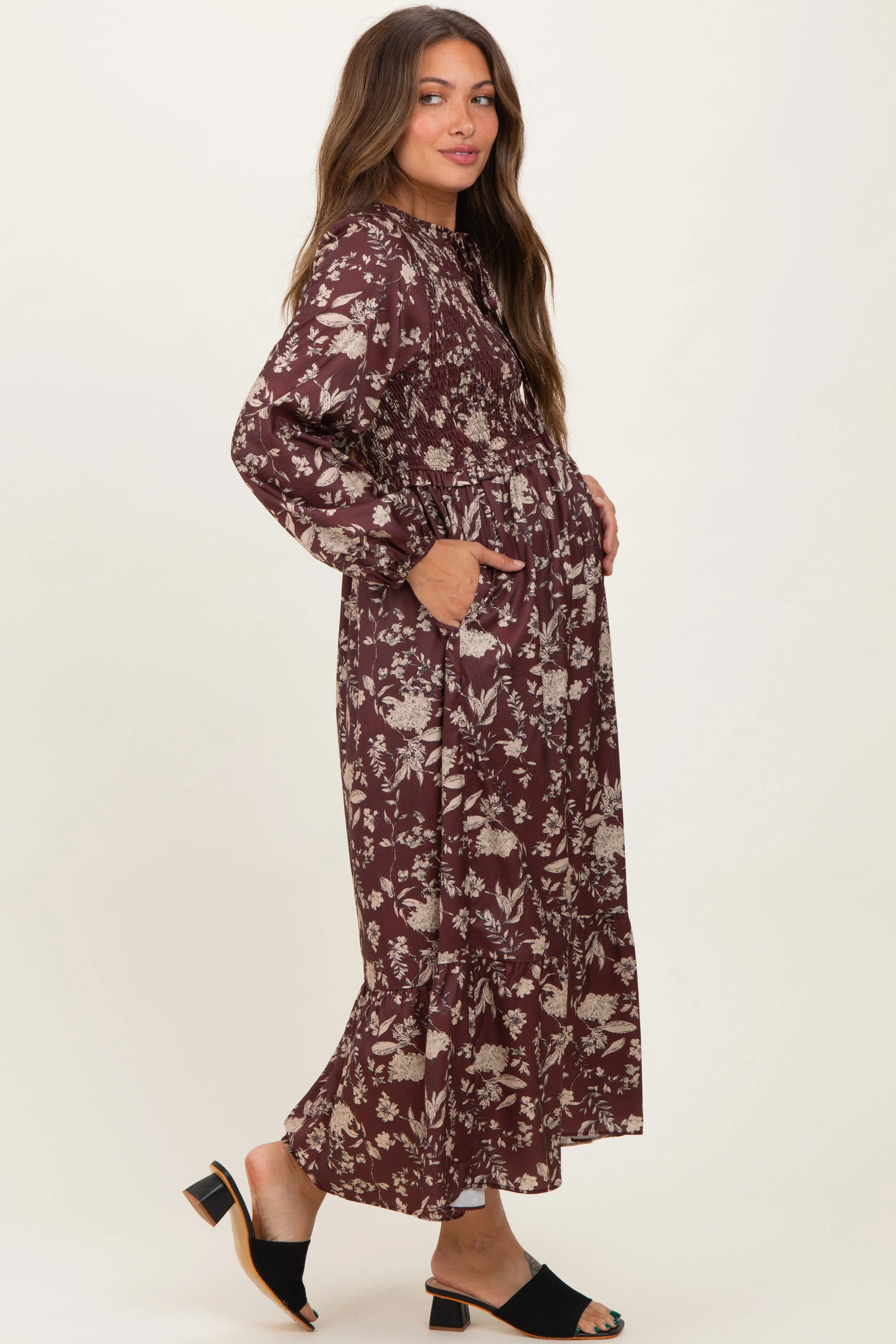 Brown Floral Smocked Long Sleeve Maternity Midi Dress sold by Pinkblush product image thumbnail 2