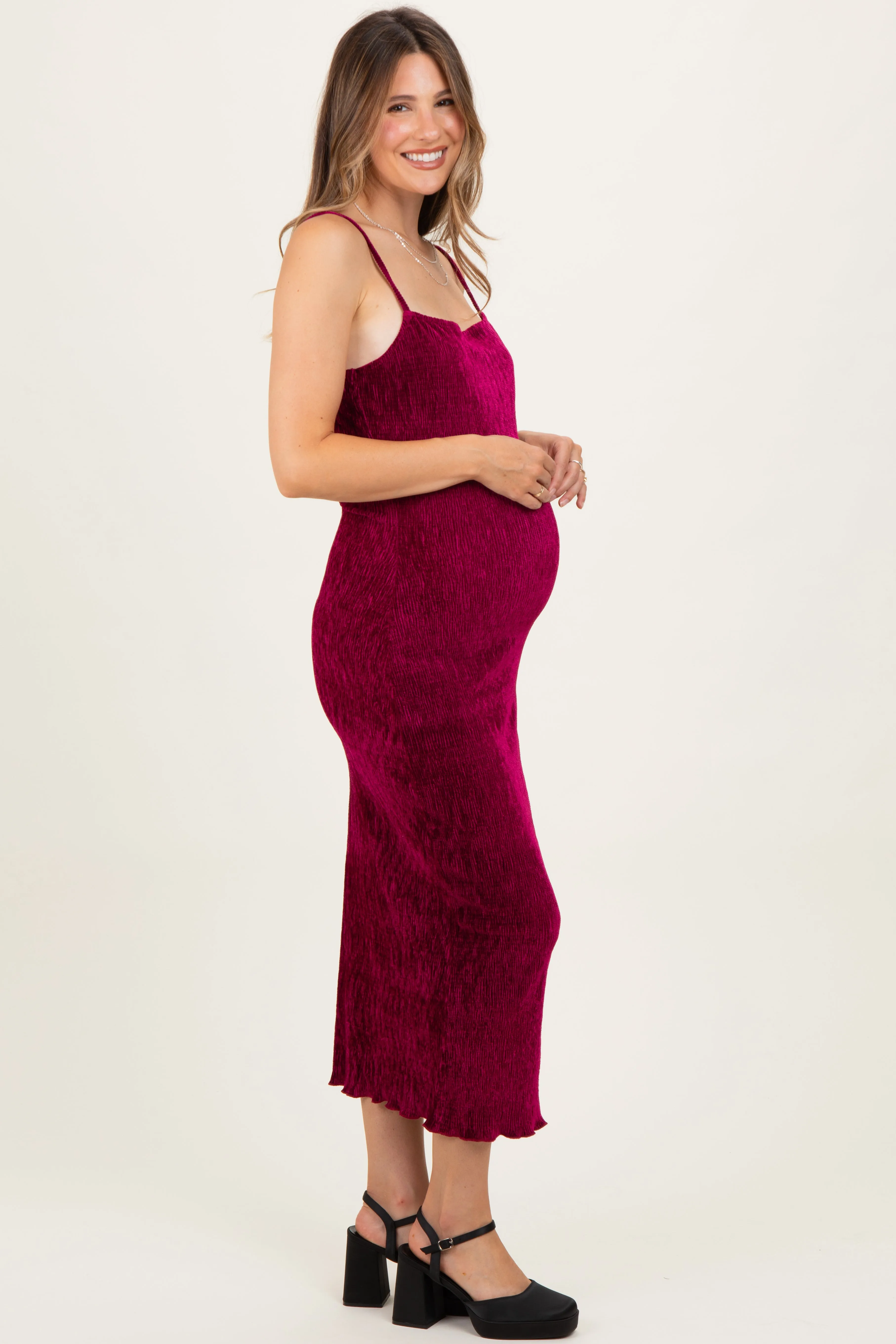 Burgundy Velvet Sleeveless Side Slit Maternity Midi Dress sold by Pinkblush product image thumbnail 3
