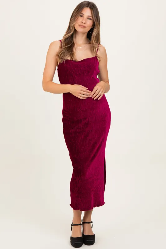 Burgundy Velvet Sleeveless Side Slit Maternity Midi Dress sold by Pinkblush