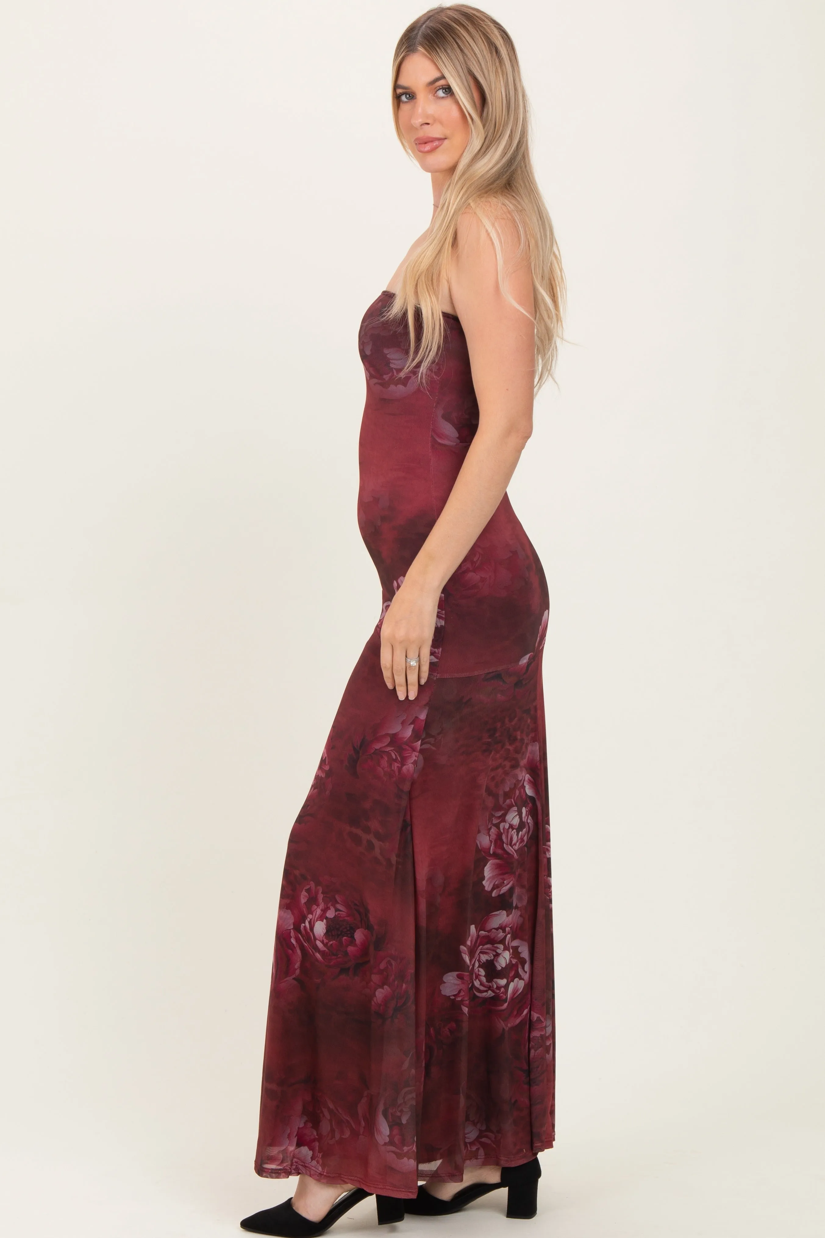 Burgundy Floral Strapless Maxi Dress sold by Pinkblush product image thumbnail 2