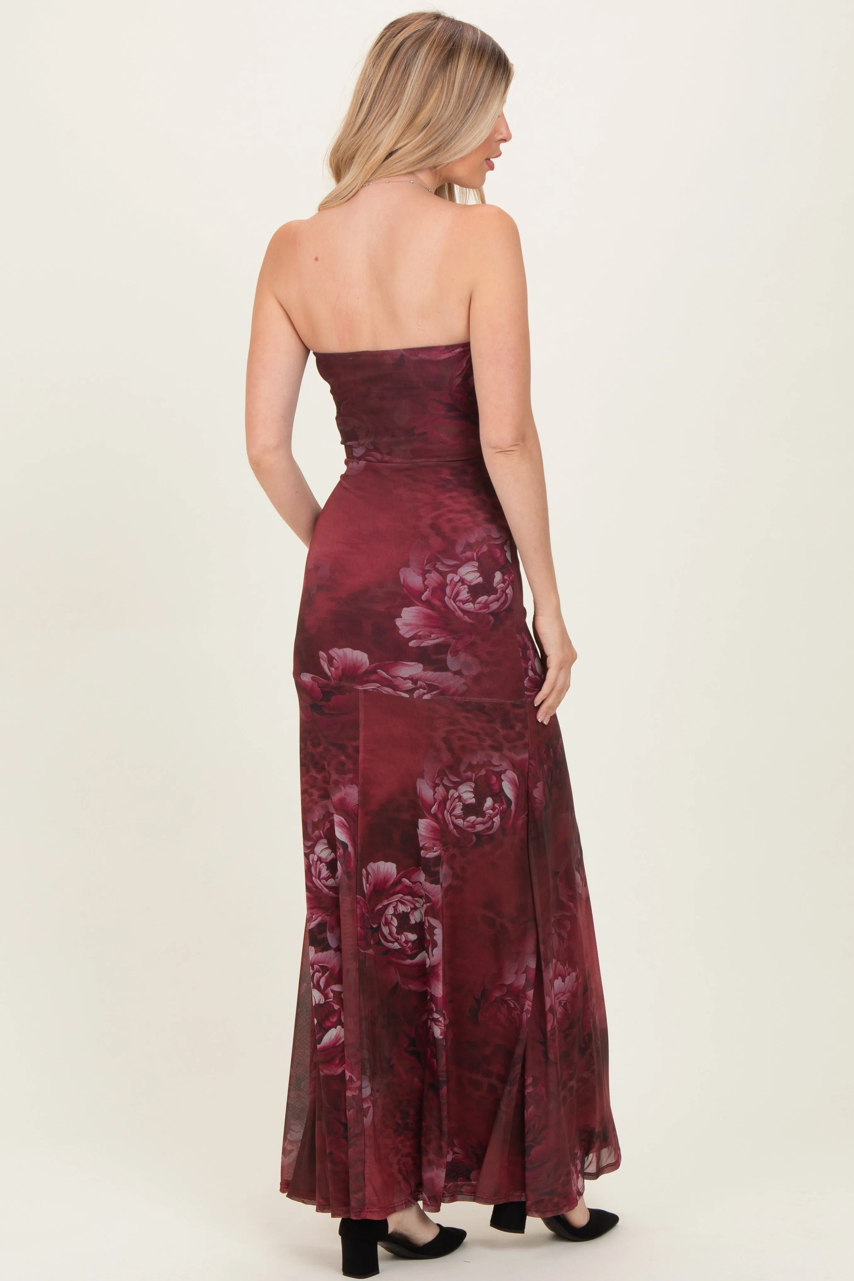 Burgundy Floral Strapless Maxi Dress sold by Pinkblush product image thumbnail 3