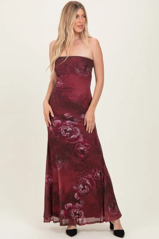 Burgundy Floral Strapless Maxi Dress sold by Pinkblush