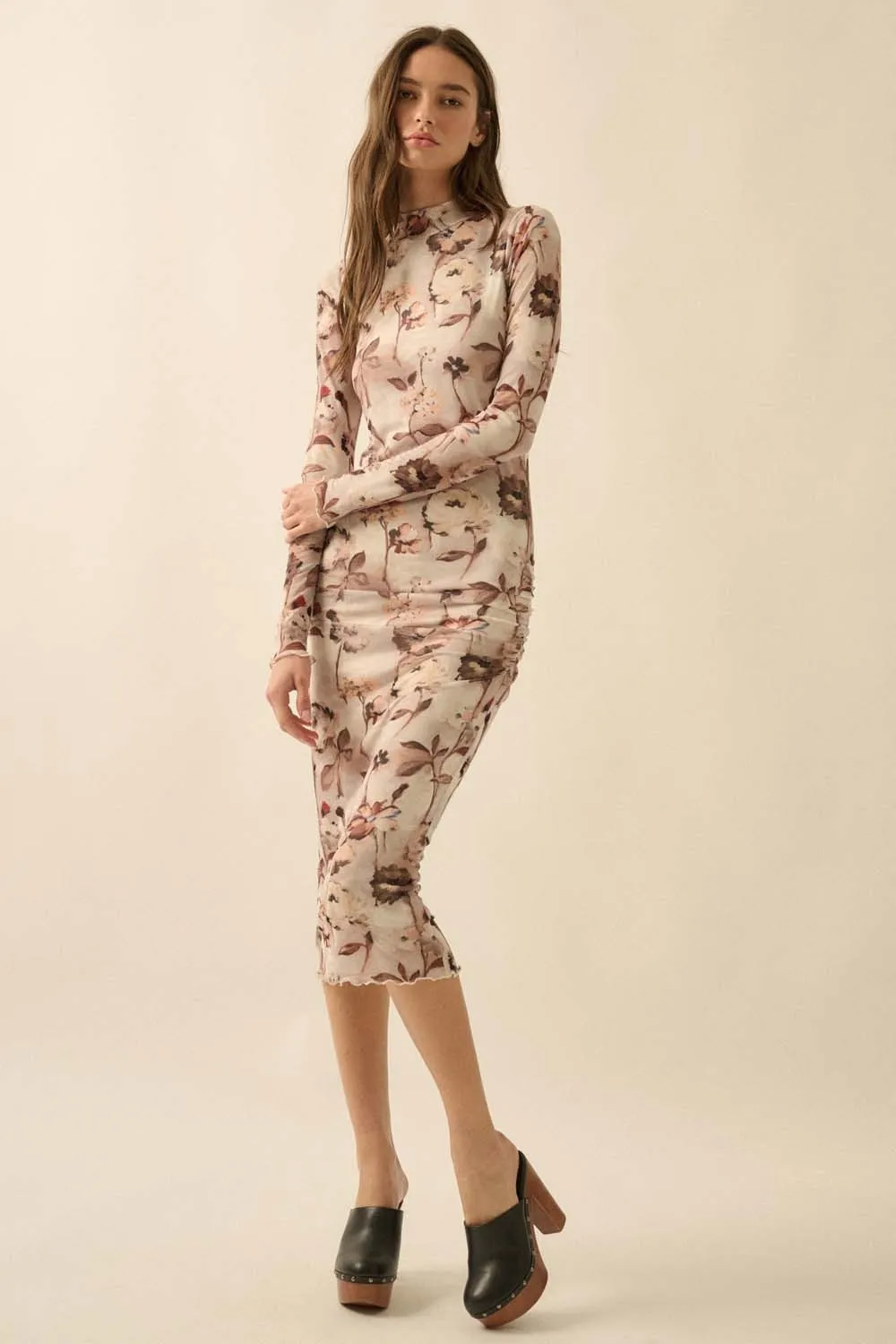 Cream Floral Mesh Long Sleeve Maternity Midi Dress sold by Pinkblush product image thumbnail 5