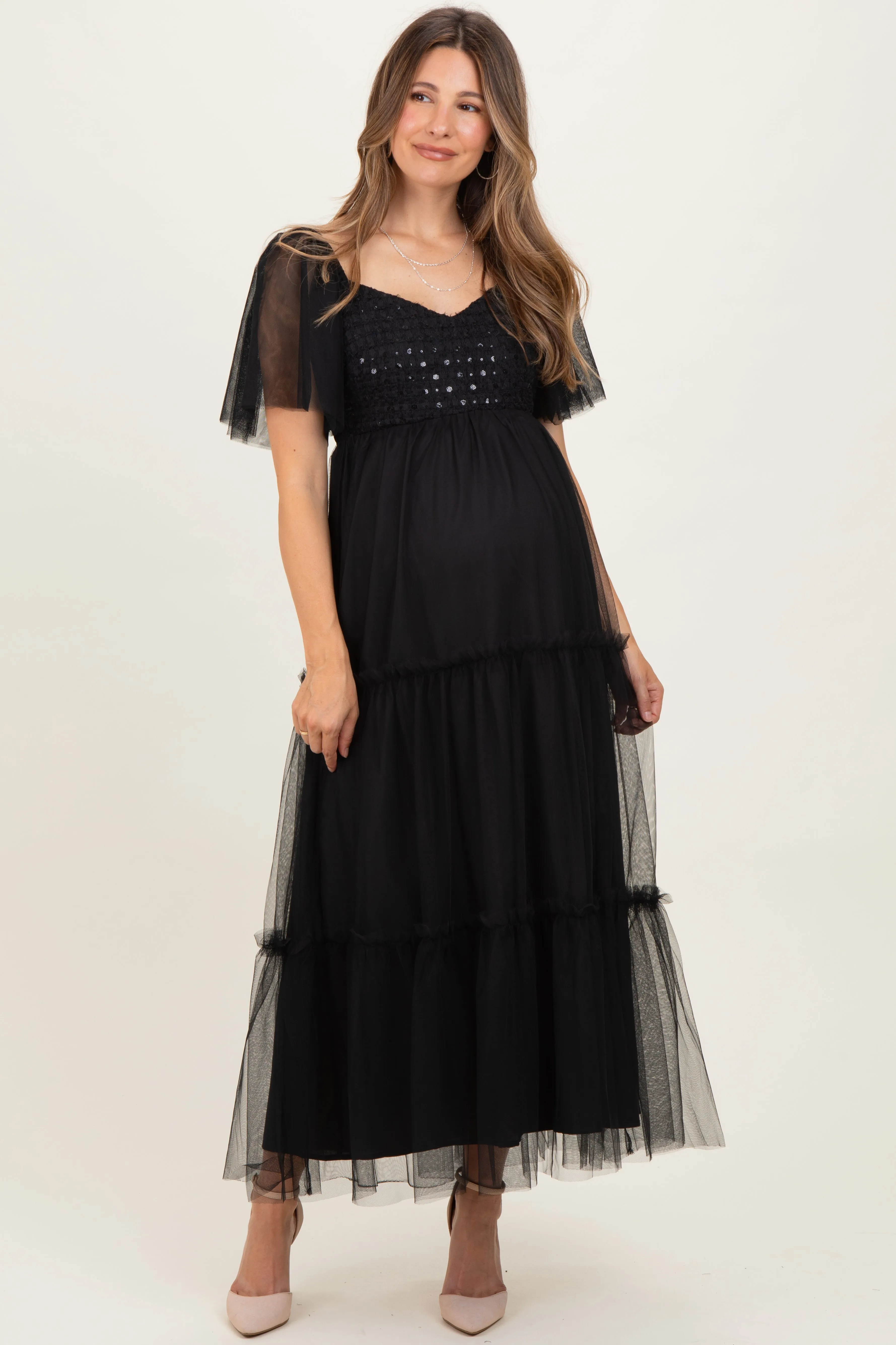 Black Sequin Bodice Tulle Tiered Maternity Midi Dress sold by Pinkblush