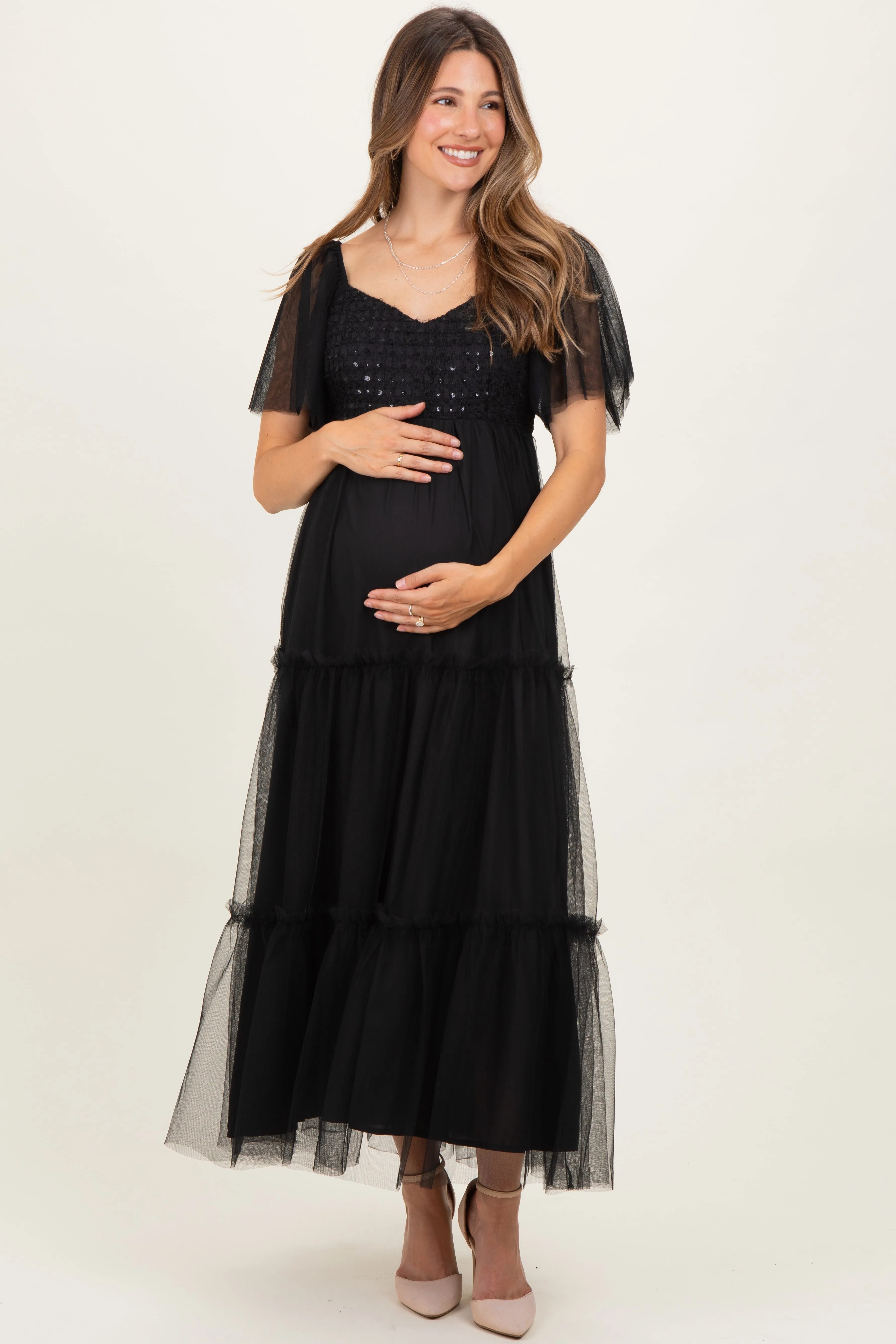 Black Sequin Bodice Tulle Tiered Maternity Midi Dress sold by Pinkblush product image thumbnail 2