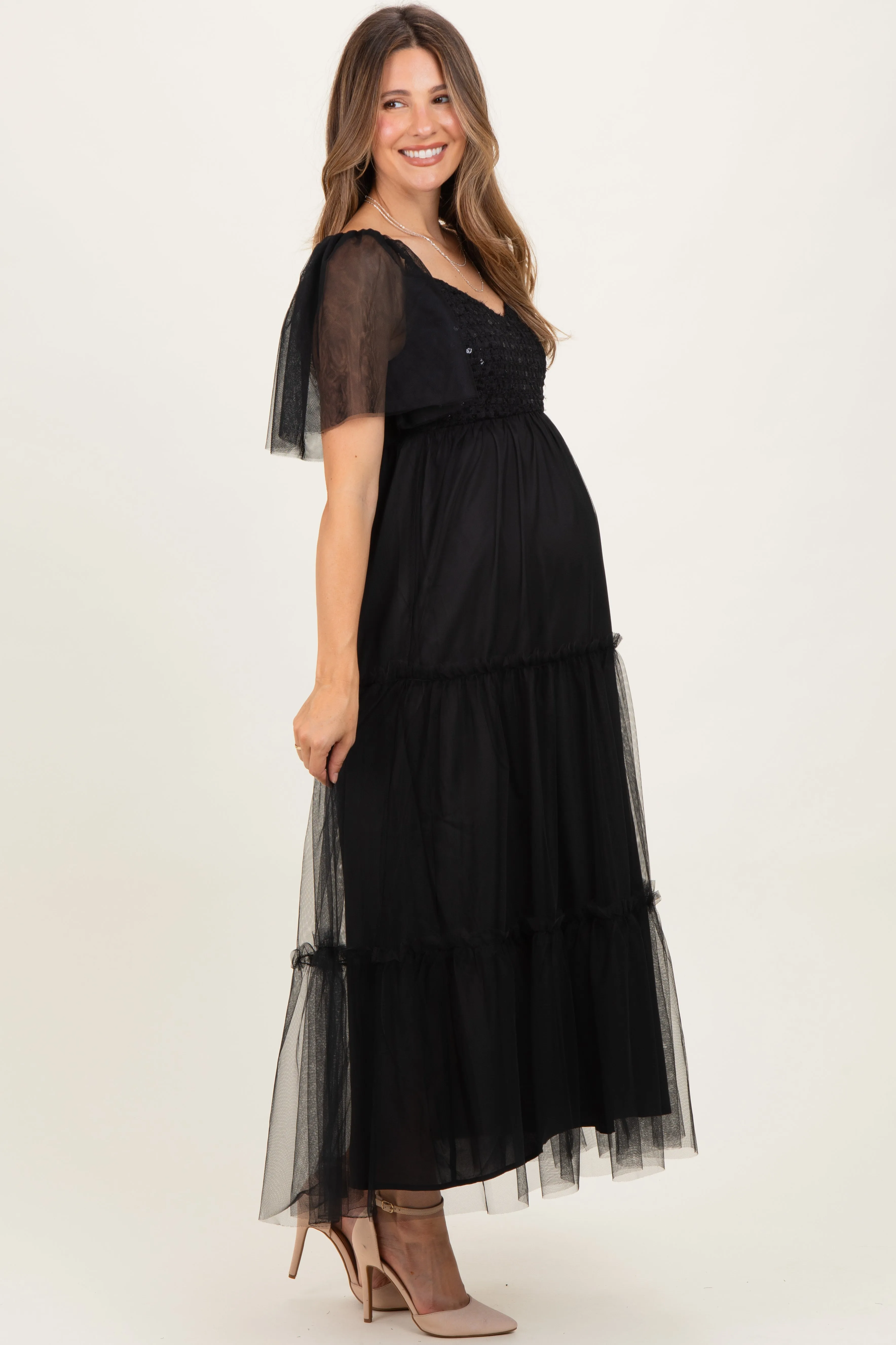 Black Sequin Bodice Tulle Tiered Maternity Midi Dress sold by Pinkblush product image thumbnail 3