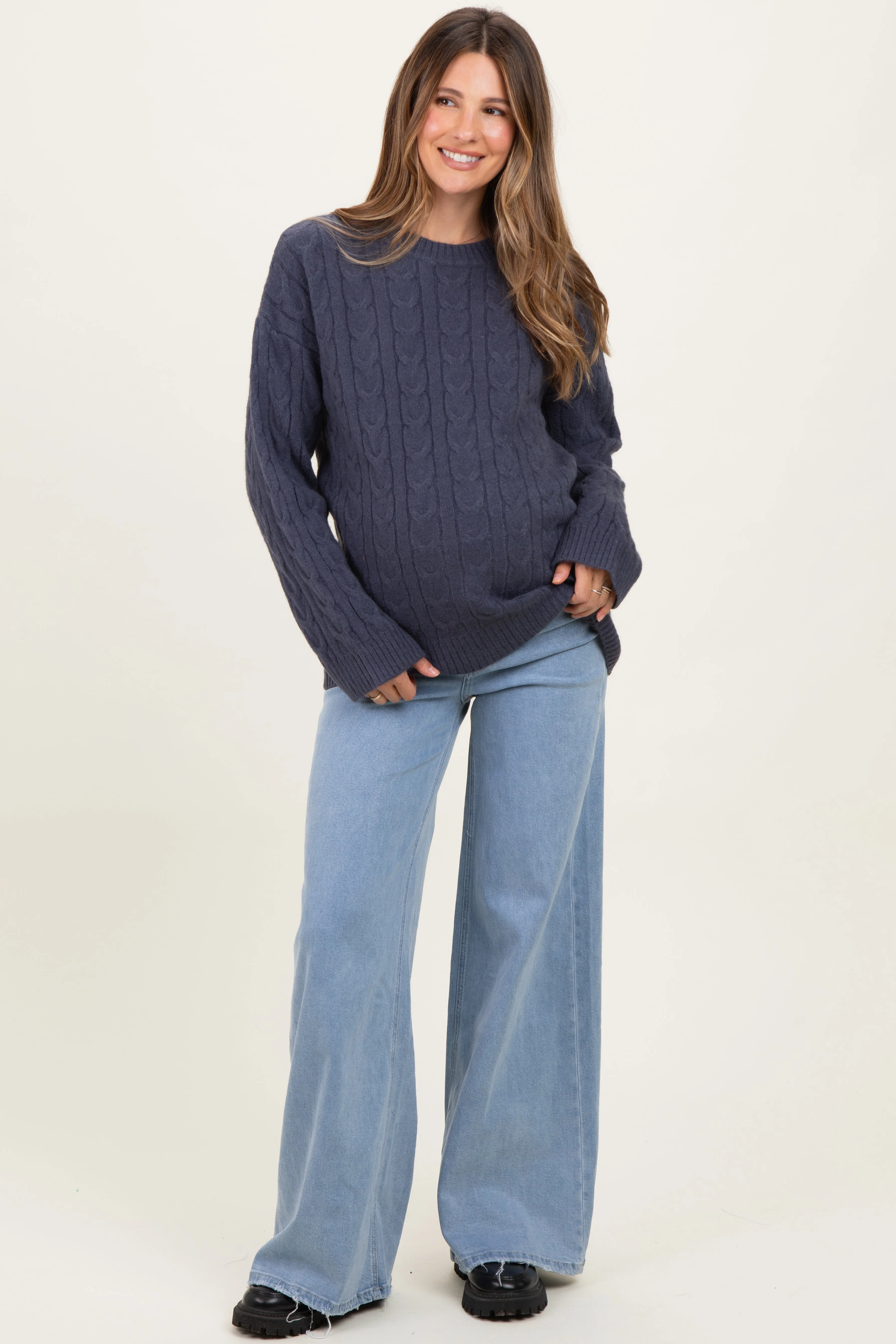 Medium Blue Super High Rise Full Length Palazzo Maternity Jeans sold by Pinkblush product image thumbnail 2