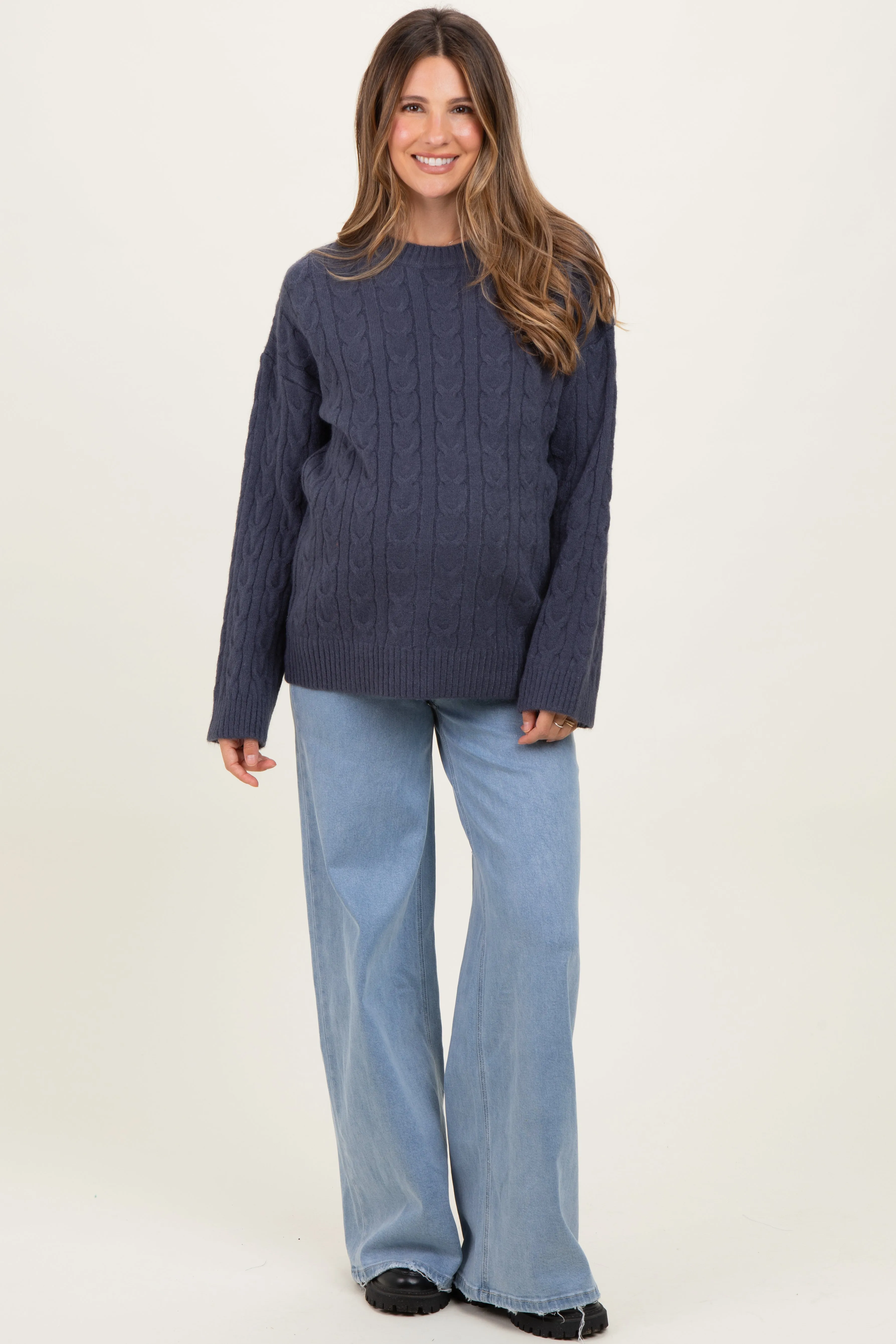 Medium Blue Super High Rise Full Length Palazzo Maternity Jeans sold by Pinkblush