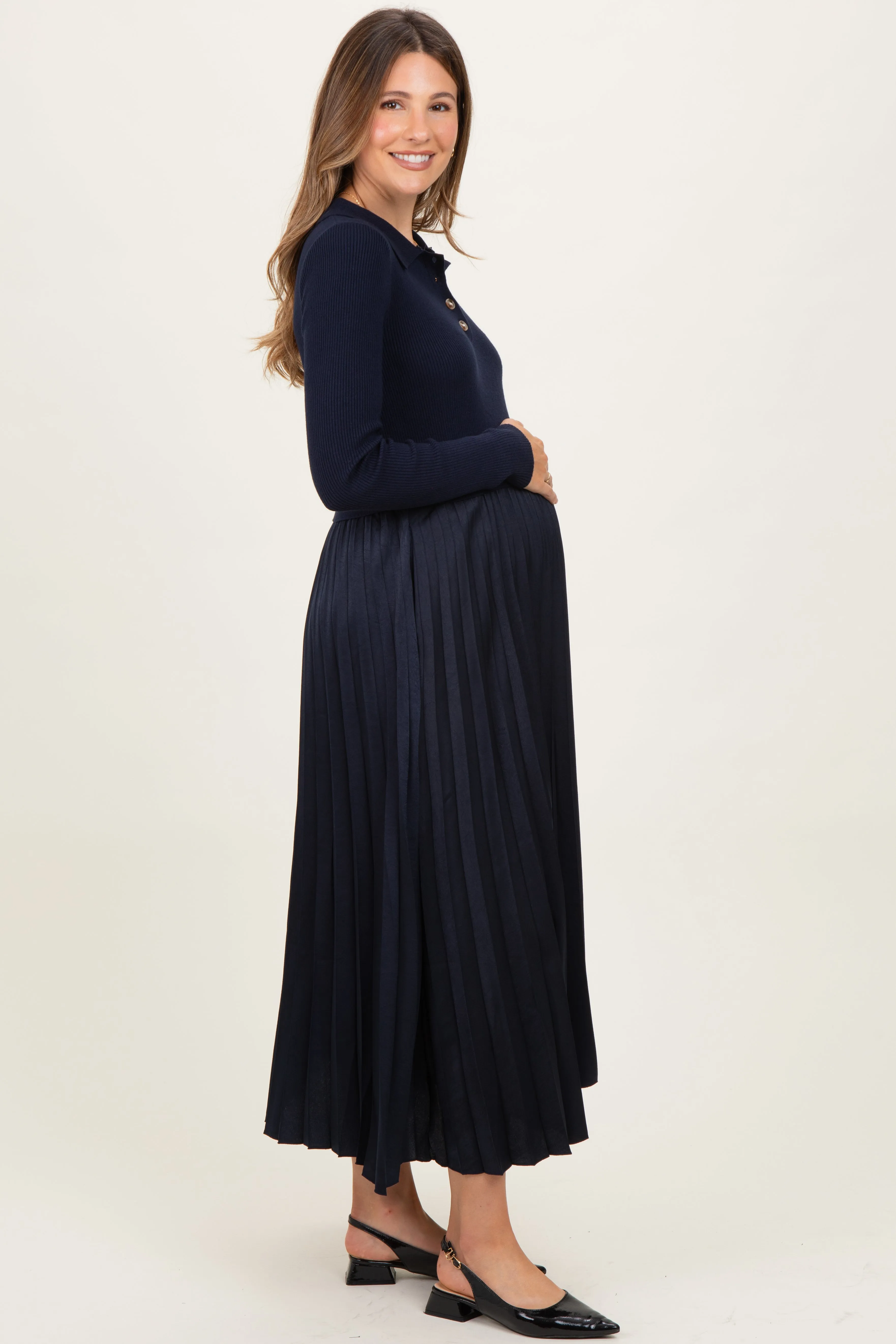 Navy Collared Knit Contrast Pleated Skirt Maternity Midi Dress sold by Pinkblush product image thumbnail 3