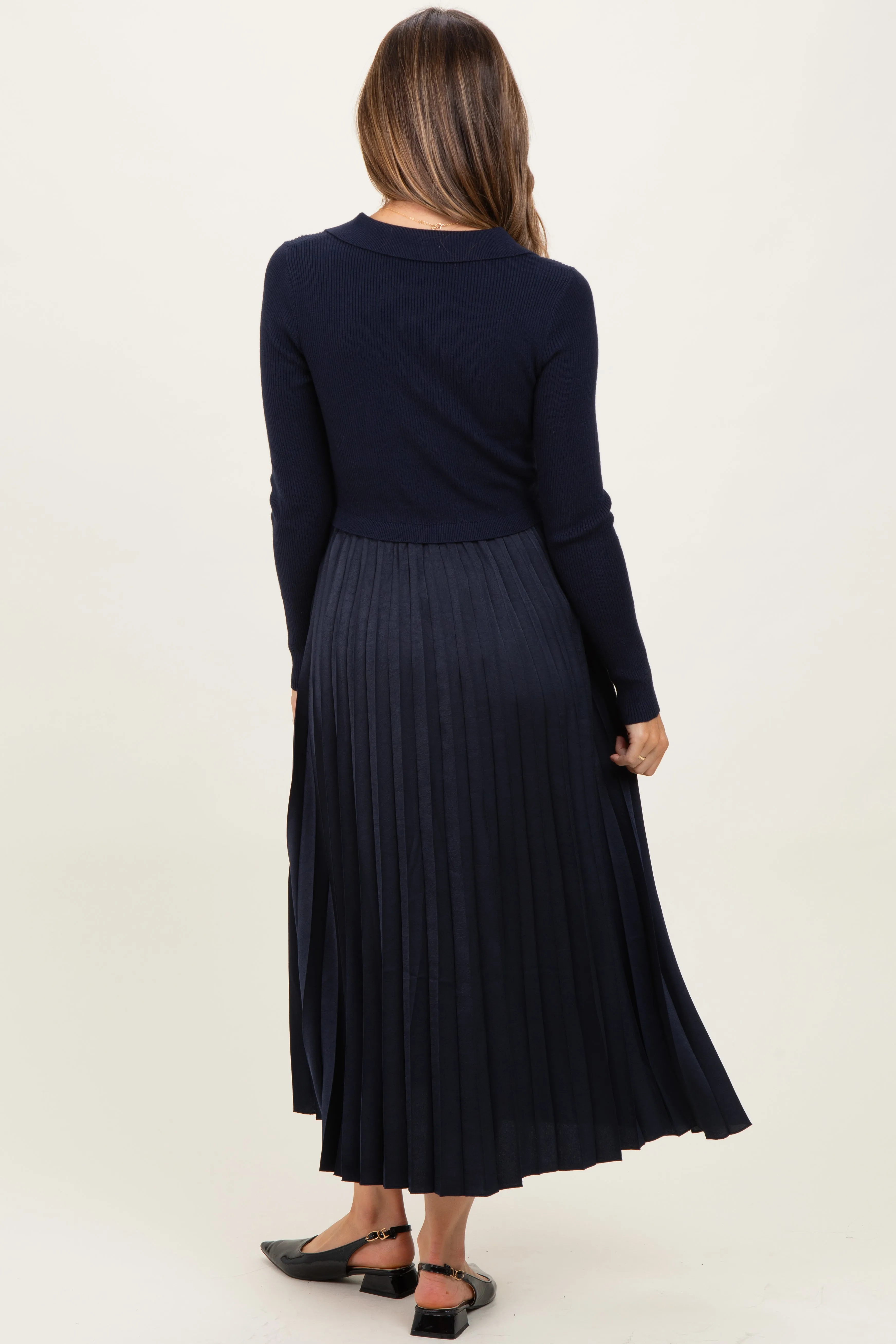 Navy Collared Knit Contrast Pleated Skirt Maternity Midi Dress sold by Pinkblush product image thumbnail 4