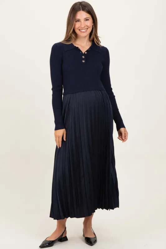 Navy Collared Knit Contrast Pleated Skirt Maternity Midi Dress sold by Pinkblush