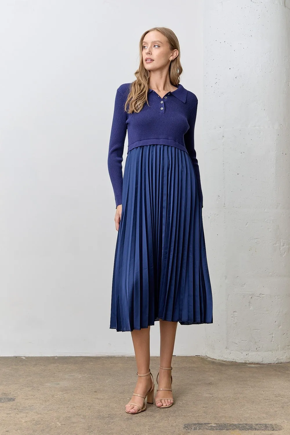 Navy Collared Knit Contrast Pleated Skirt Maternity Midi Dress sold by Pinkblush product image thumbnail 5