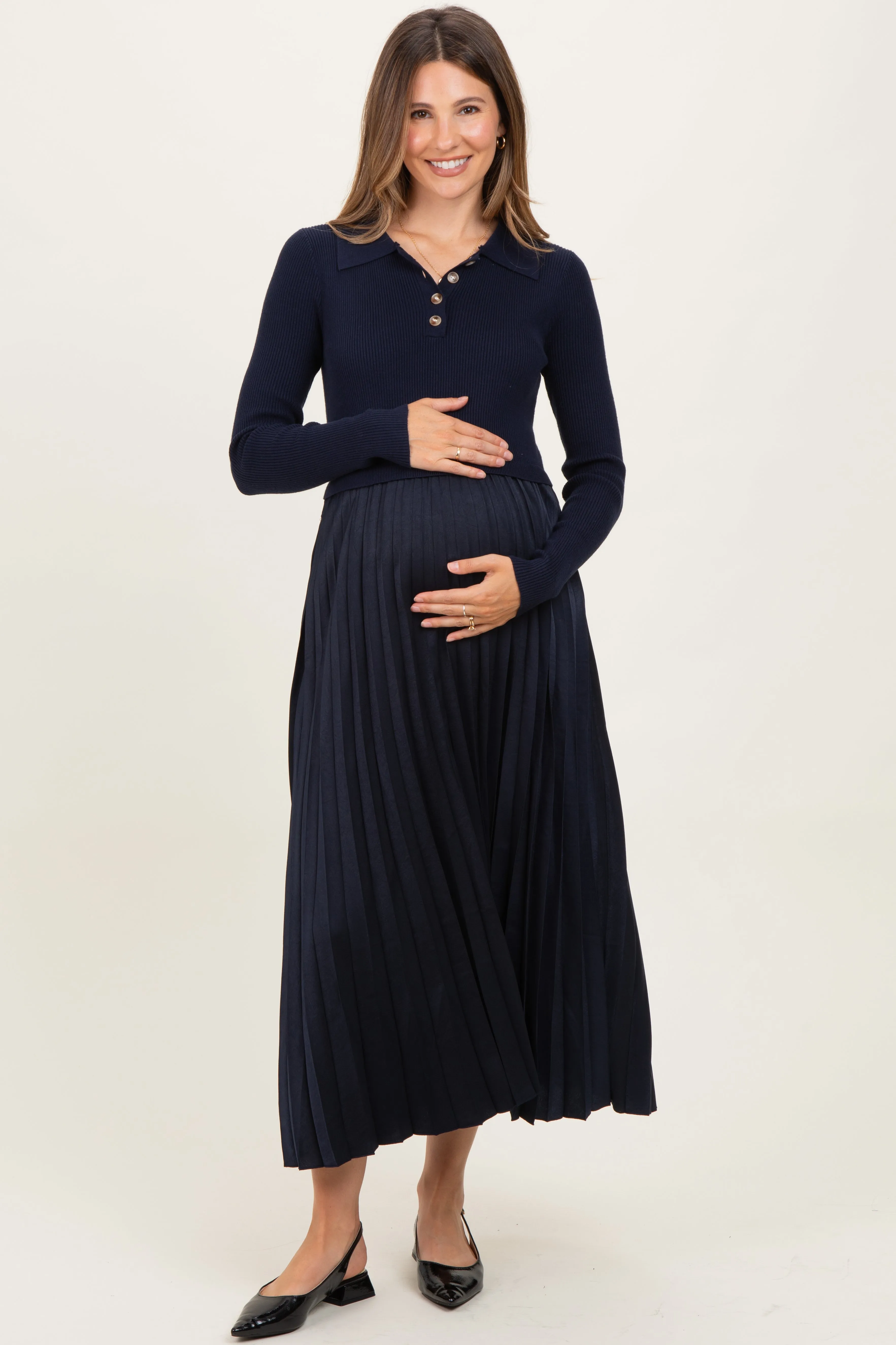 Navy Collared Knit Contrast Pleated Skirt Maternity Midi Dress sold by Pinkblush product image thumbnail 2