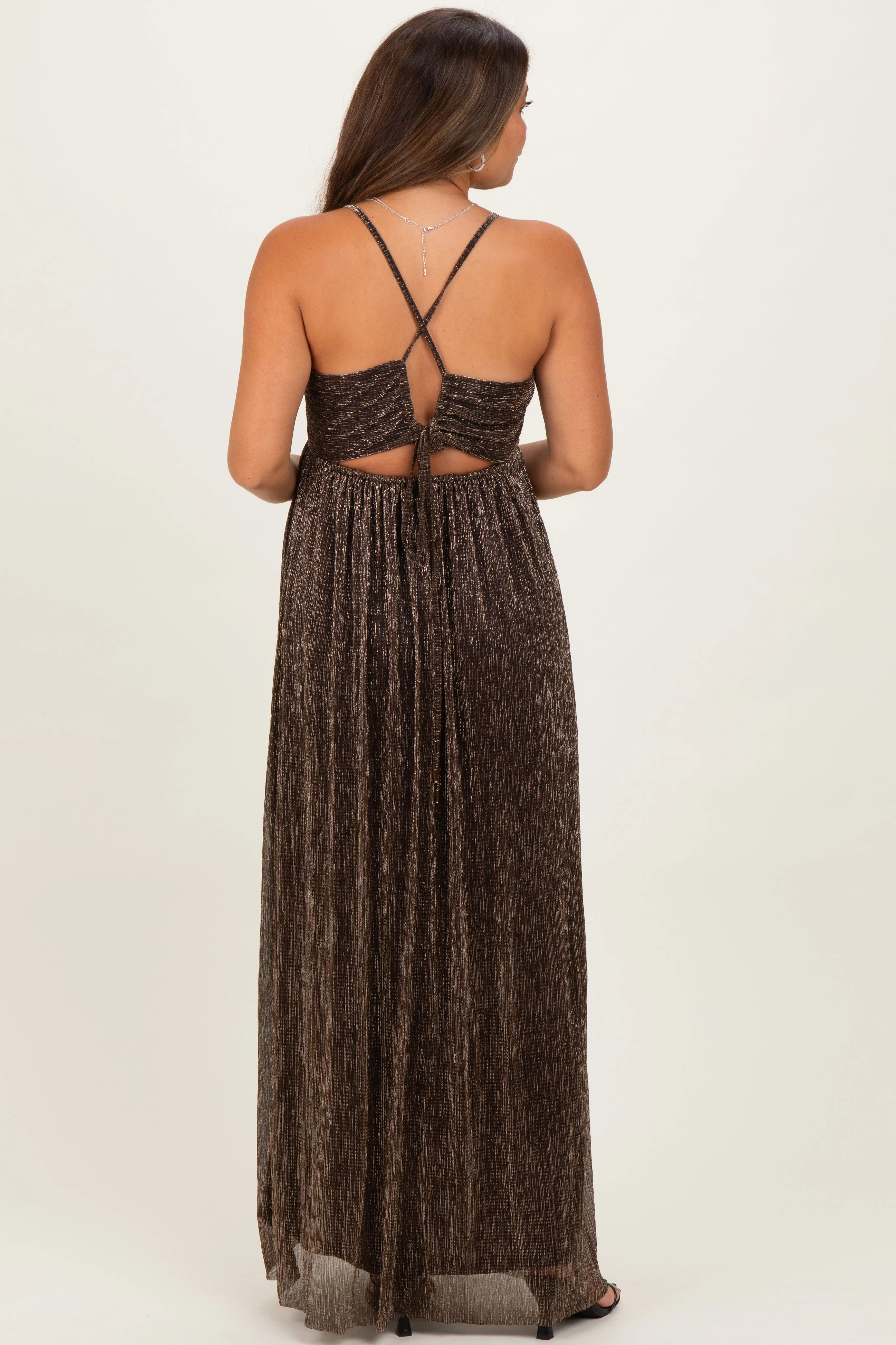 Brown Shimmer Open Tie Back Maternity Maxi Dress sold by Pinkblush product image thumbnail 4