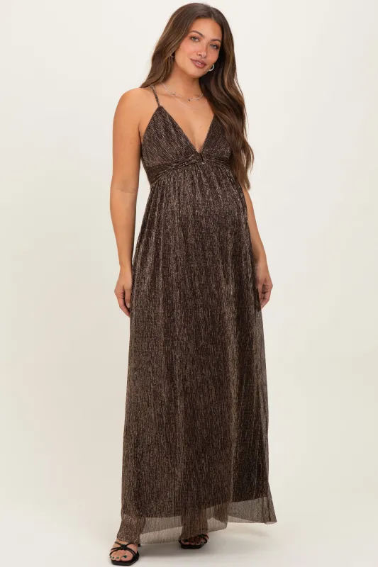 Brown Shimmer Open Tie Back Maternity Maxi Dress sold by Pinkblush