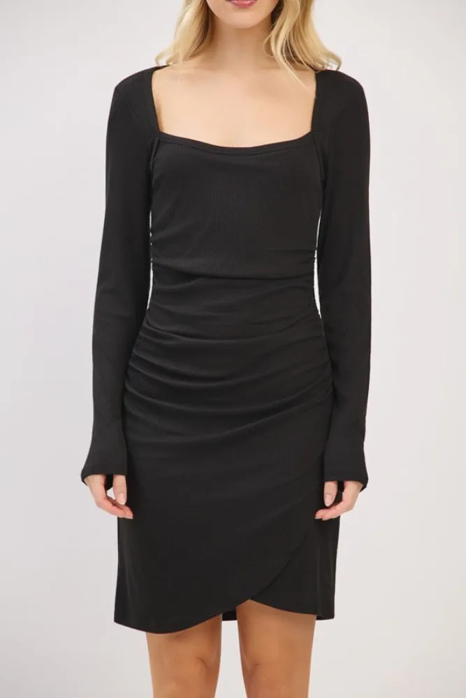 Black Ribbed Long Sleeve Ruched Tulip Skirt Dress sold by Pinkblush product image thumbnail 4