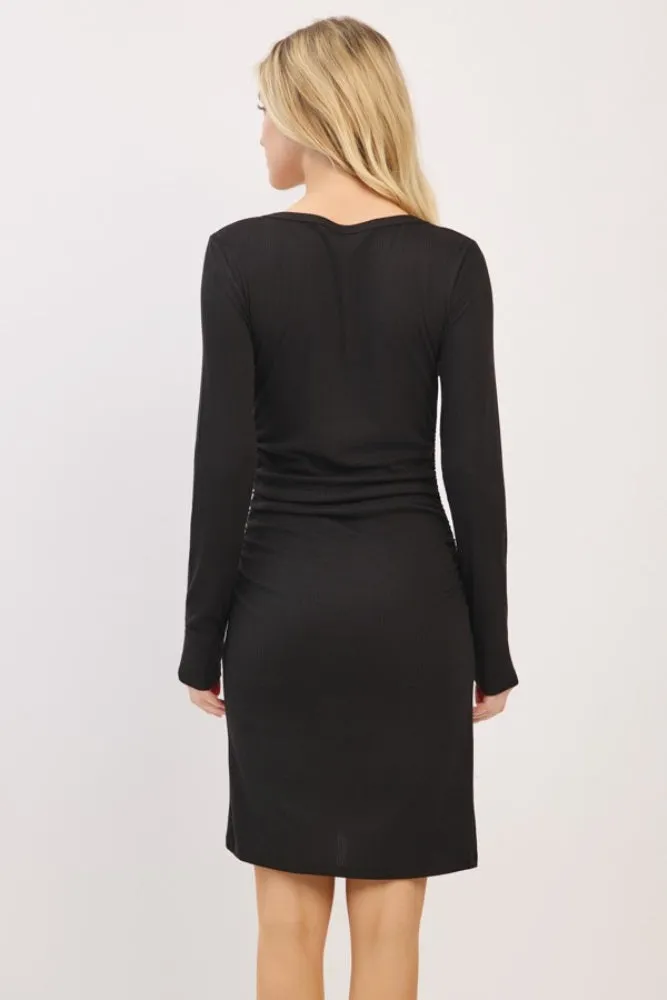 Black Ribbed Long Sleeve Ruched Tulip Skirt Dress sold by Pinkblush product image thumbnail 3