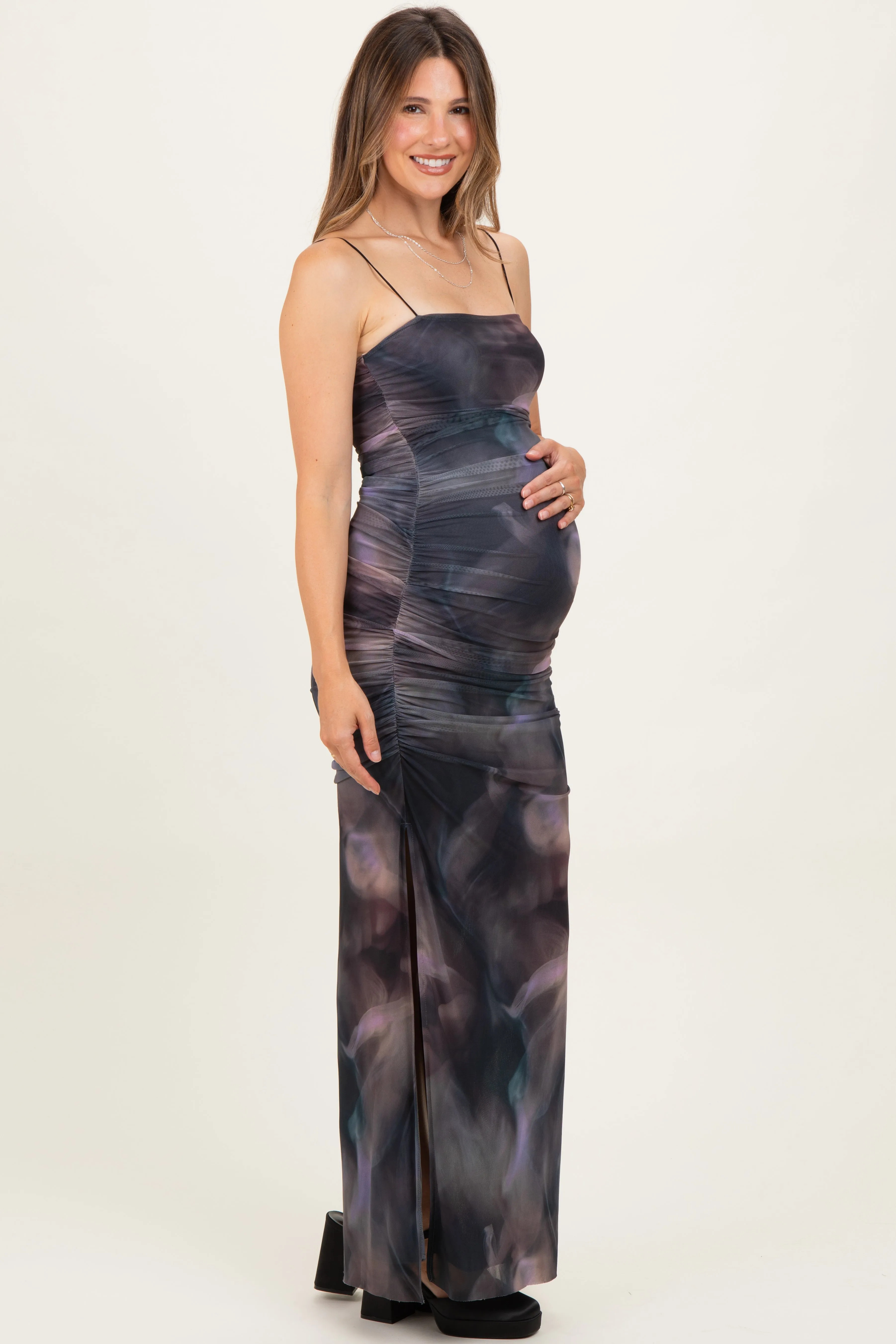 Charcoal Printed Mesh Ruched Sleeveless Maternity Maxi Dress sold by Pinkblush product image thumbnail 3