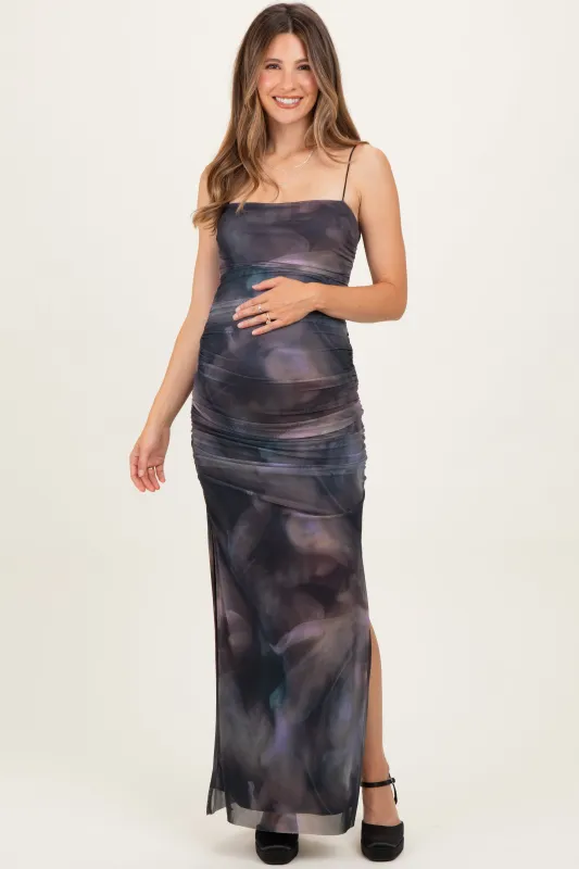 Charcoal Printed Mesh Ruched Sleeveless Maternity Maxi Dress sold by Pinkblush