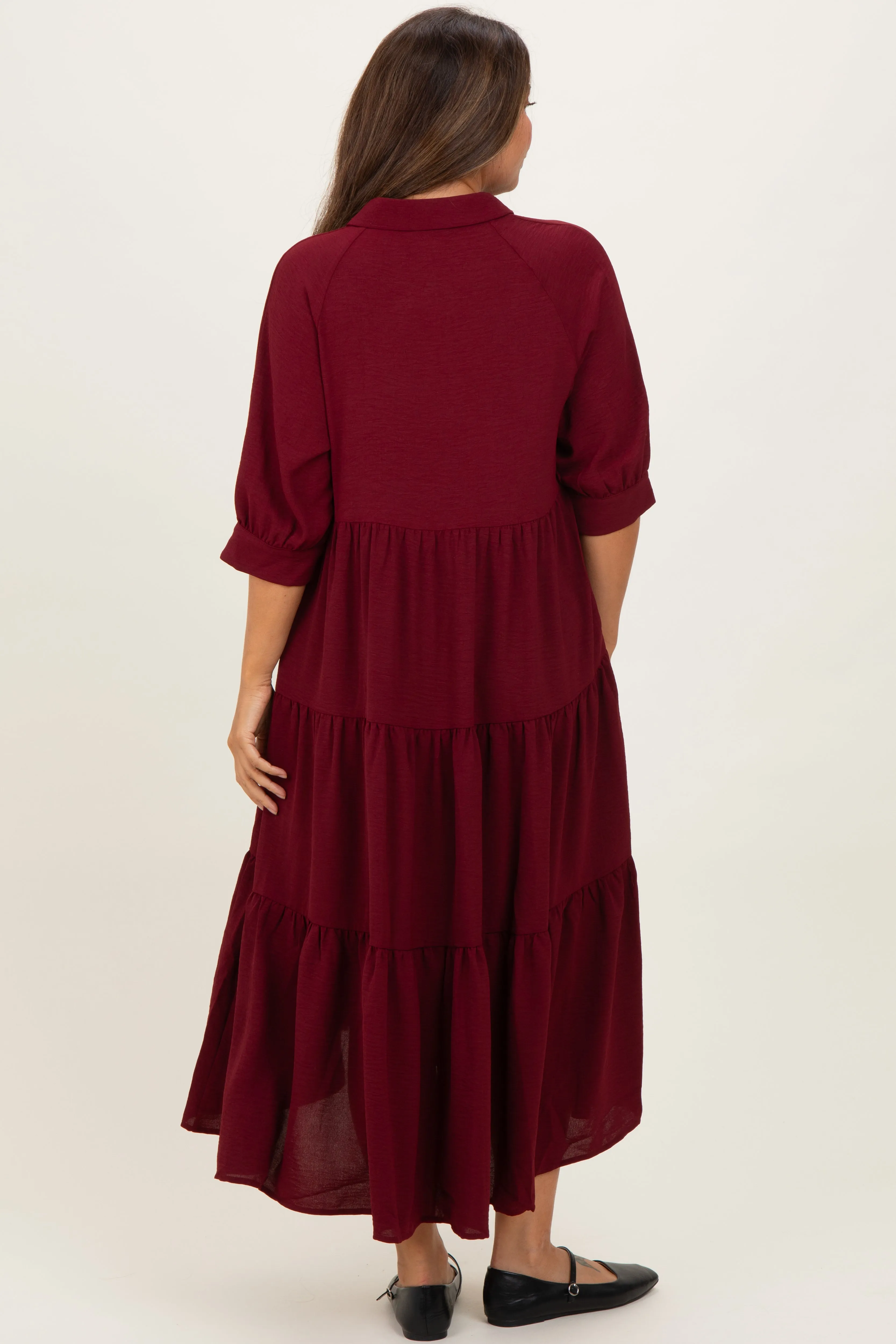Wine Collared Button Up Tiered Maternity Midi Dress sold by Pinkblush product image thumbnail 4