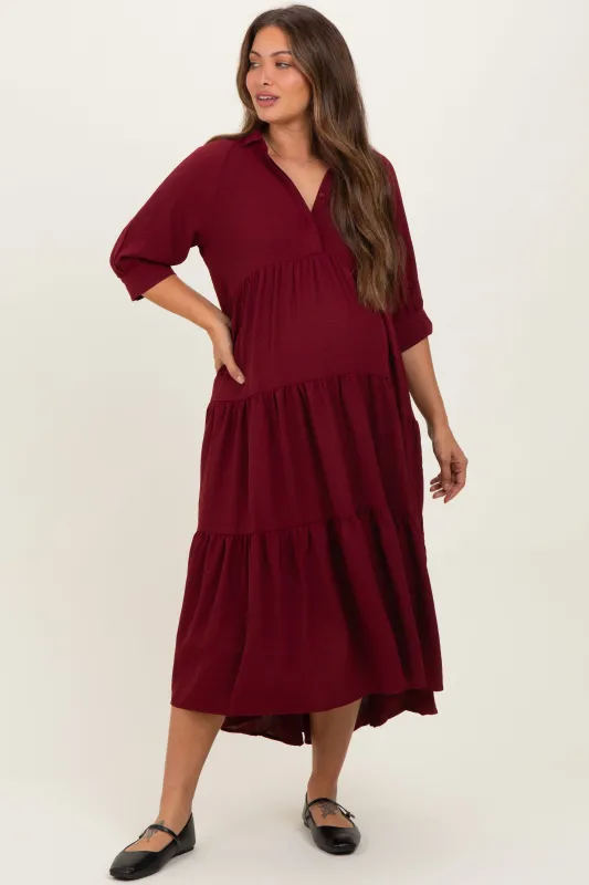 Wine Collared Button Up Tiered Maternity Midi Dress sold by Pinkblush