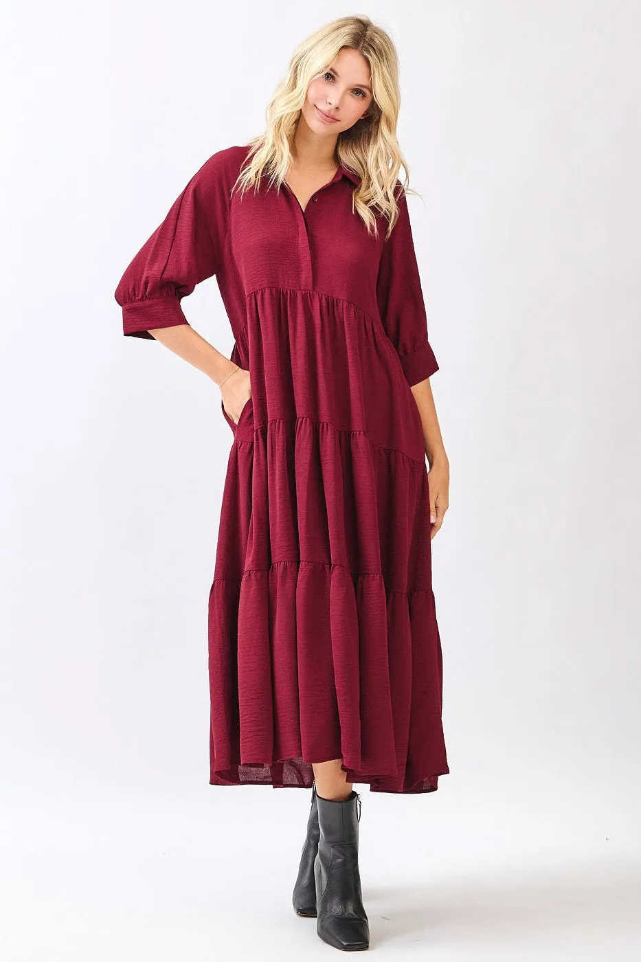Wine Collared Button Up Tiered Maternity Midi Dress sold by Pinkblush product image thumbnail 5