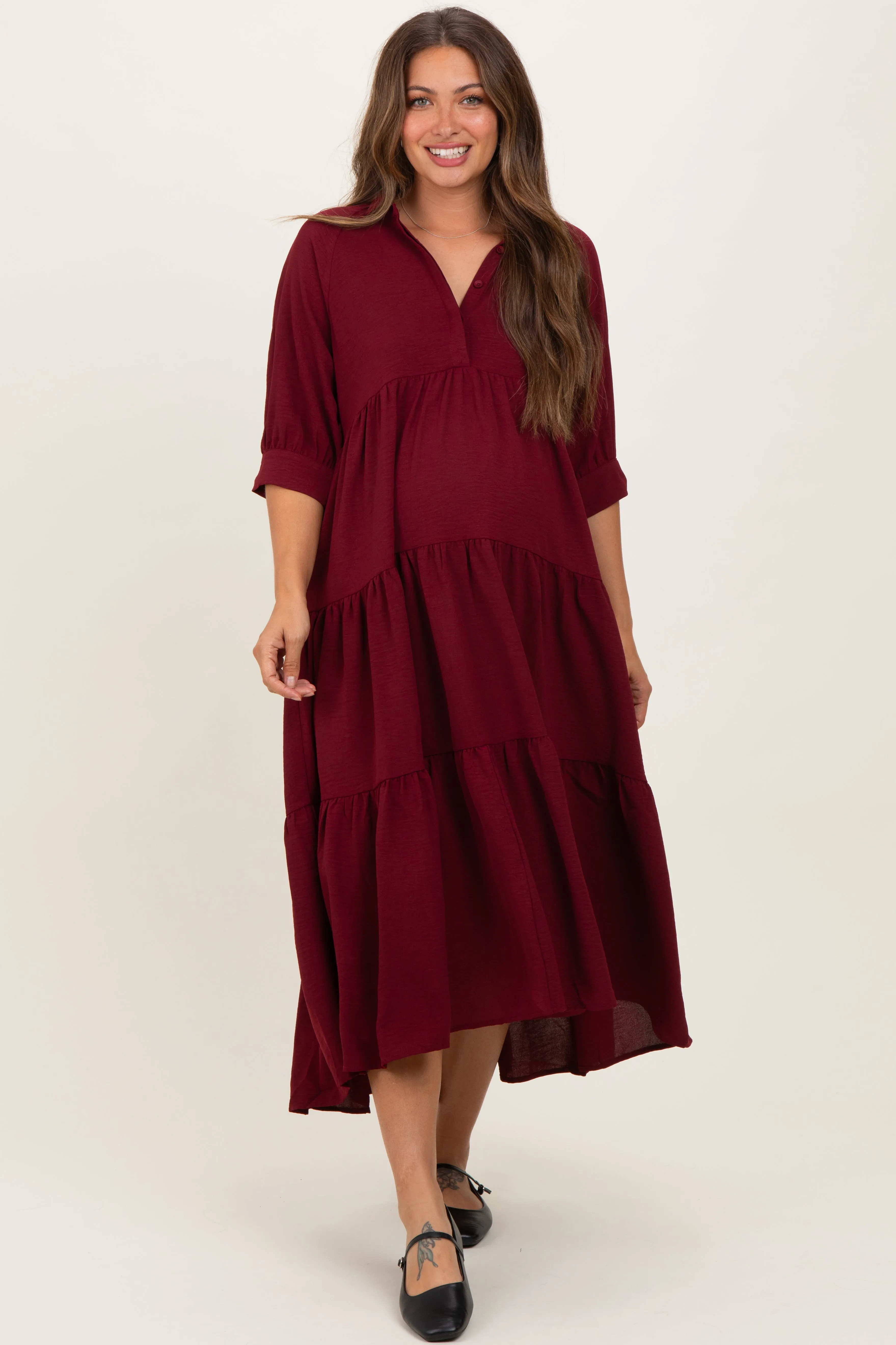 Wine Collared Button Up Tiered Maternity Midi Dress sold by Pinkblush product image thumbnail 2