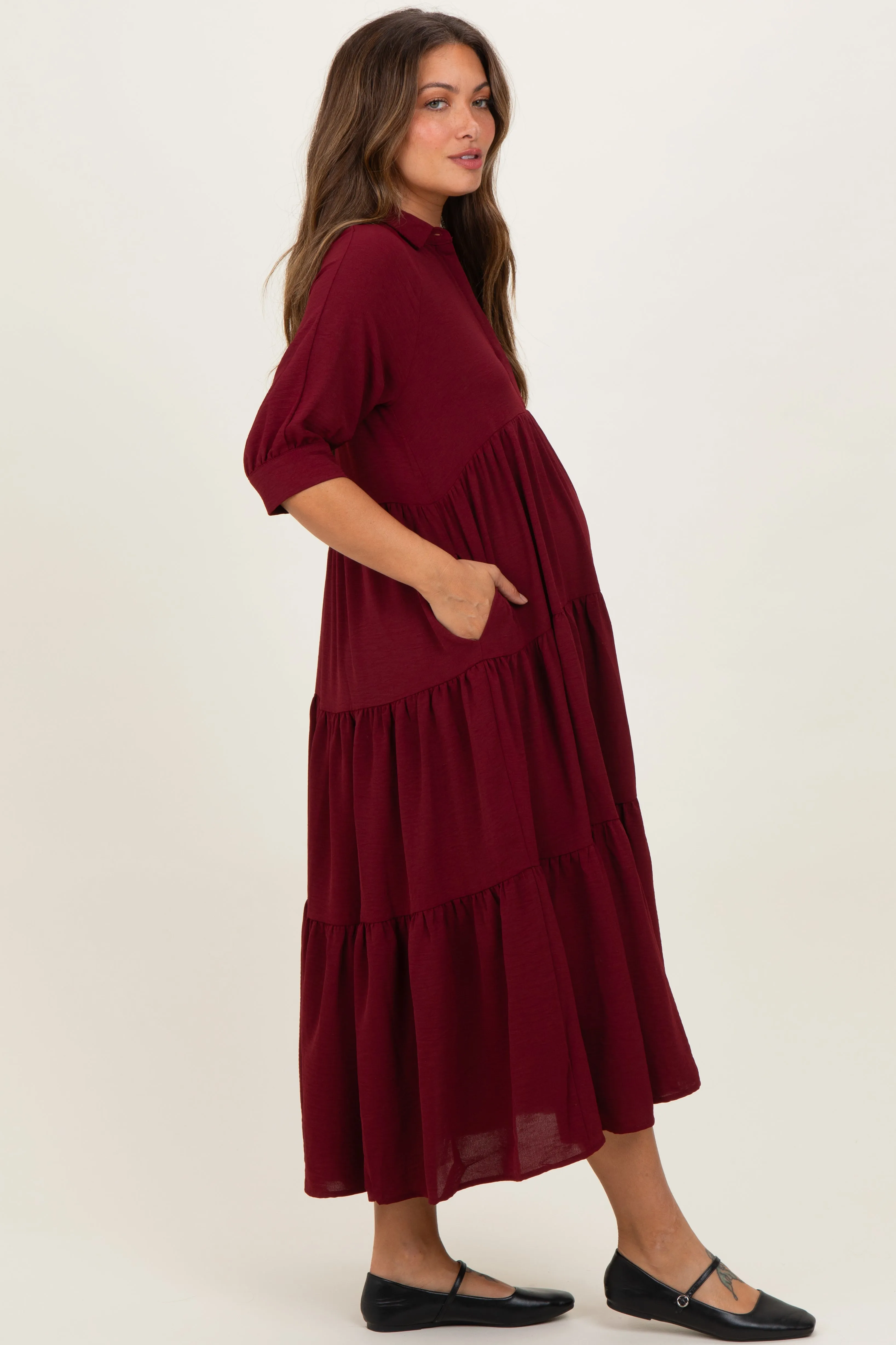 Wine Collared Button Up Tiered Maternity Midi Dress sold by Pinkblush product image thumbnail 3