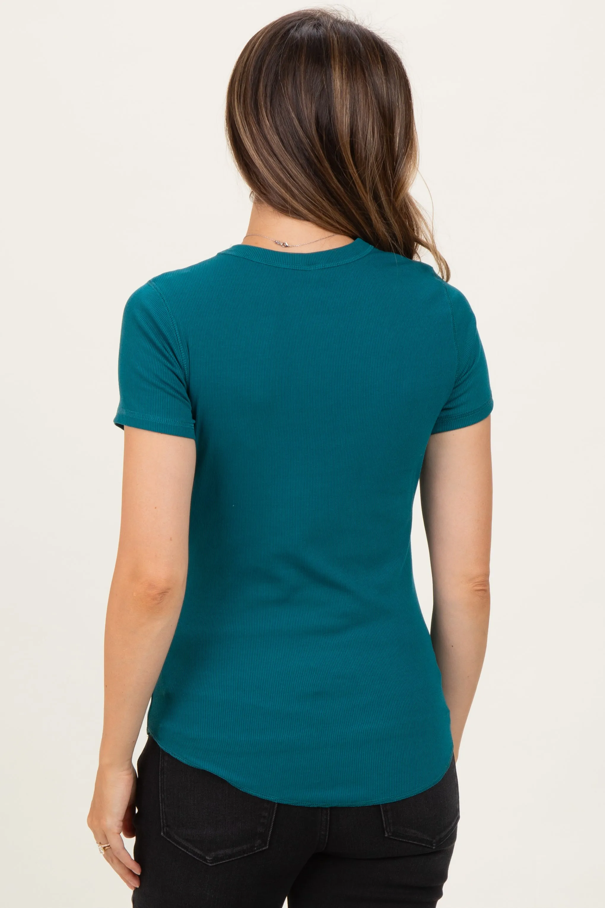 Teal Ribbed Short Sleeve Curved Hem Maternity Top sold by Pinkblush product image thumbnail 3