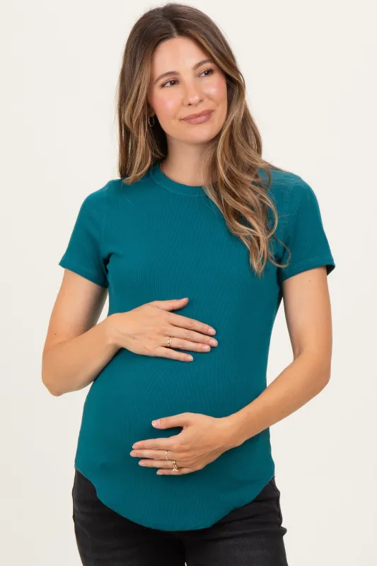 Teal Ribbed Short Sleeve Curved Hem Maternity Top sold by Pinkblush
