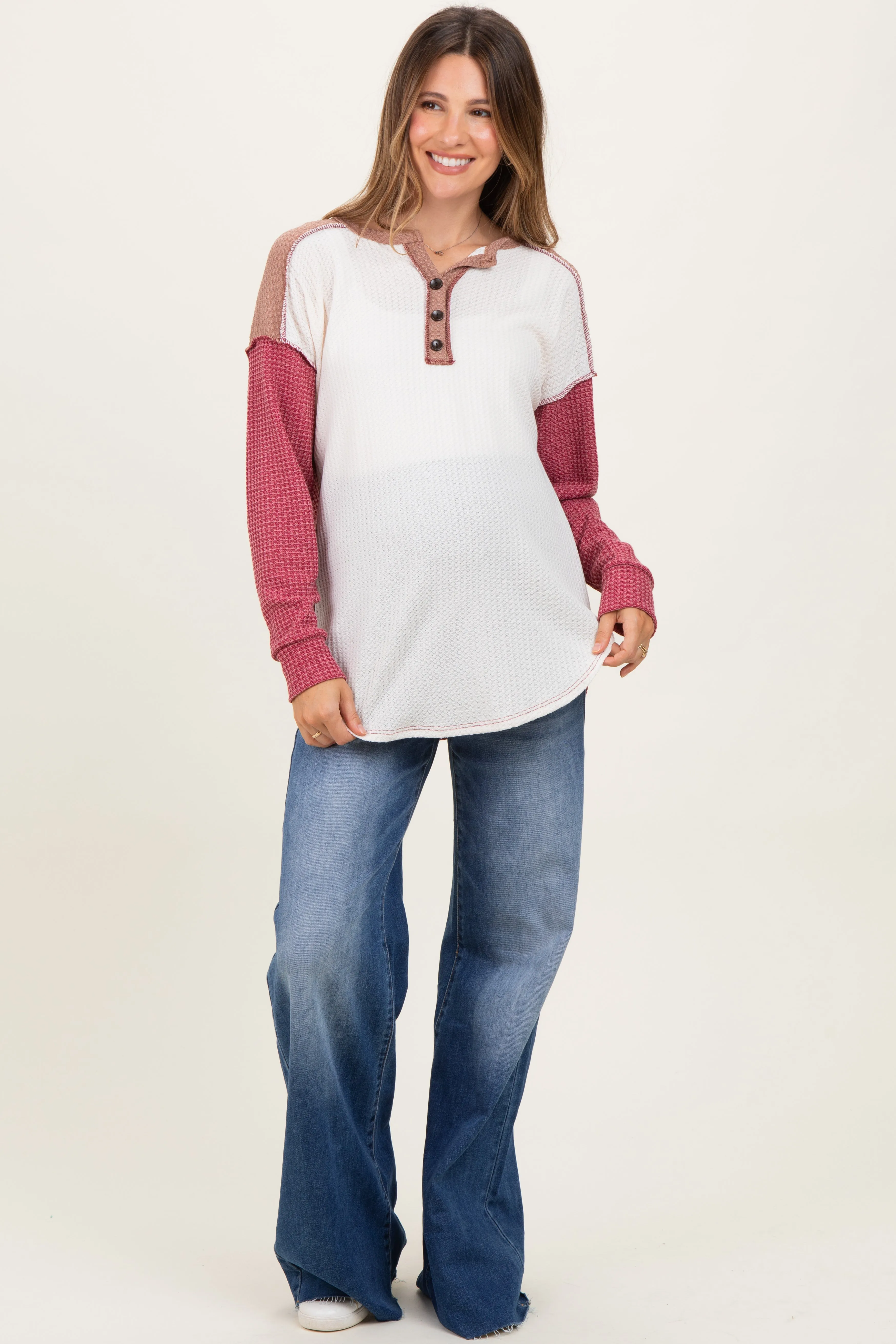 Burgundy Waffle Knit Colorblock Maternity Top sold by Pinkblush product image thumbnail 2
